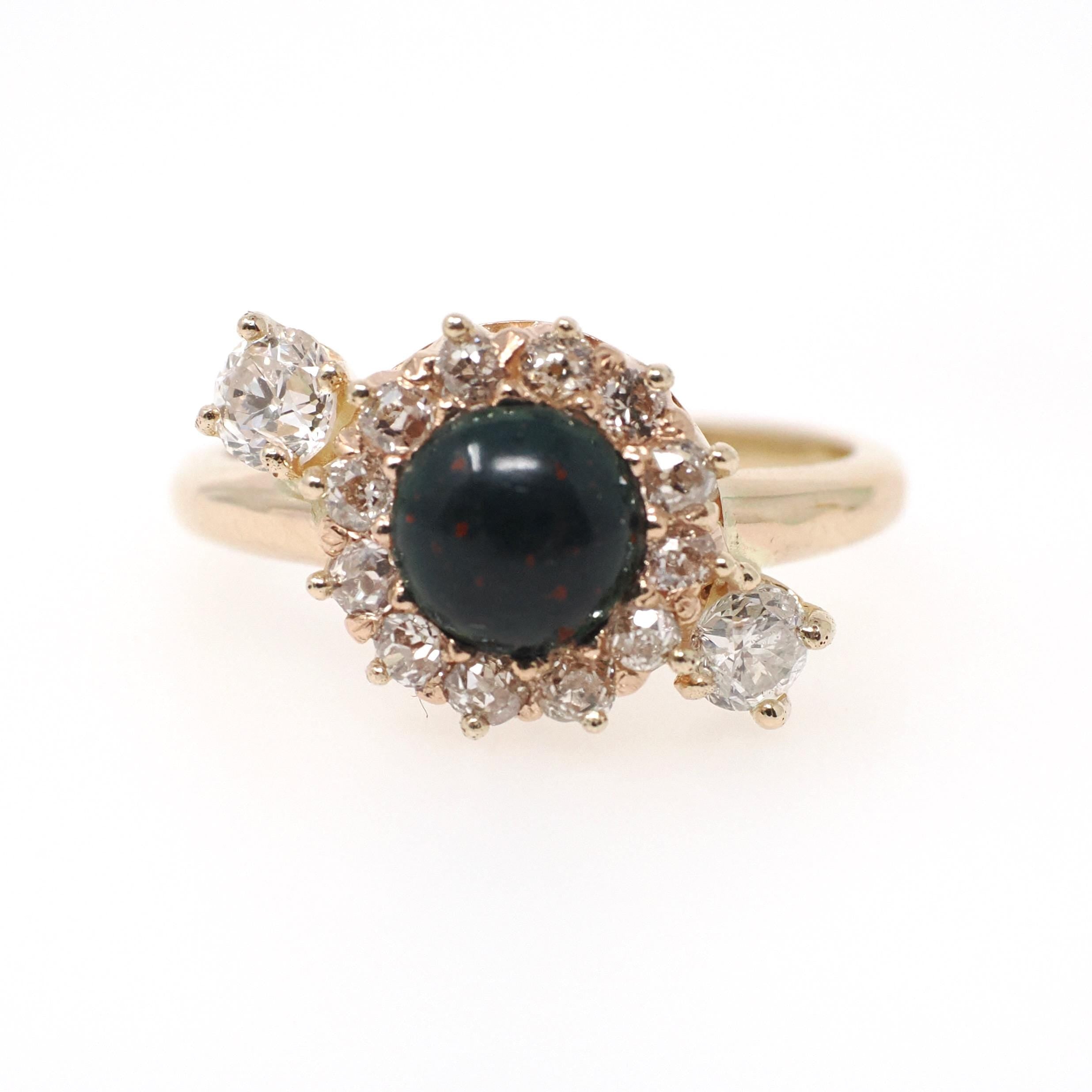 Bloodstone Halo Ring - Victorian Conversion 14k Yellow Gold Round Cabochon Cut Gem & .45 CTW Diamonds - Circa 1890s Era Size 5 Fine Jewelry