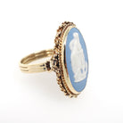 Wedgwood Cameo Ring - Vintage 14k Yellow Gold Blue & White Figural Shield - Hallmarked 1969 Allegory Of Hope Fine English Porcelain Jewelry