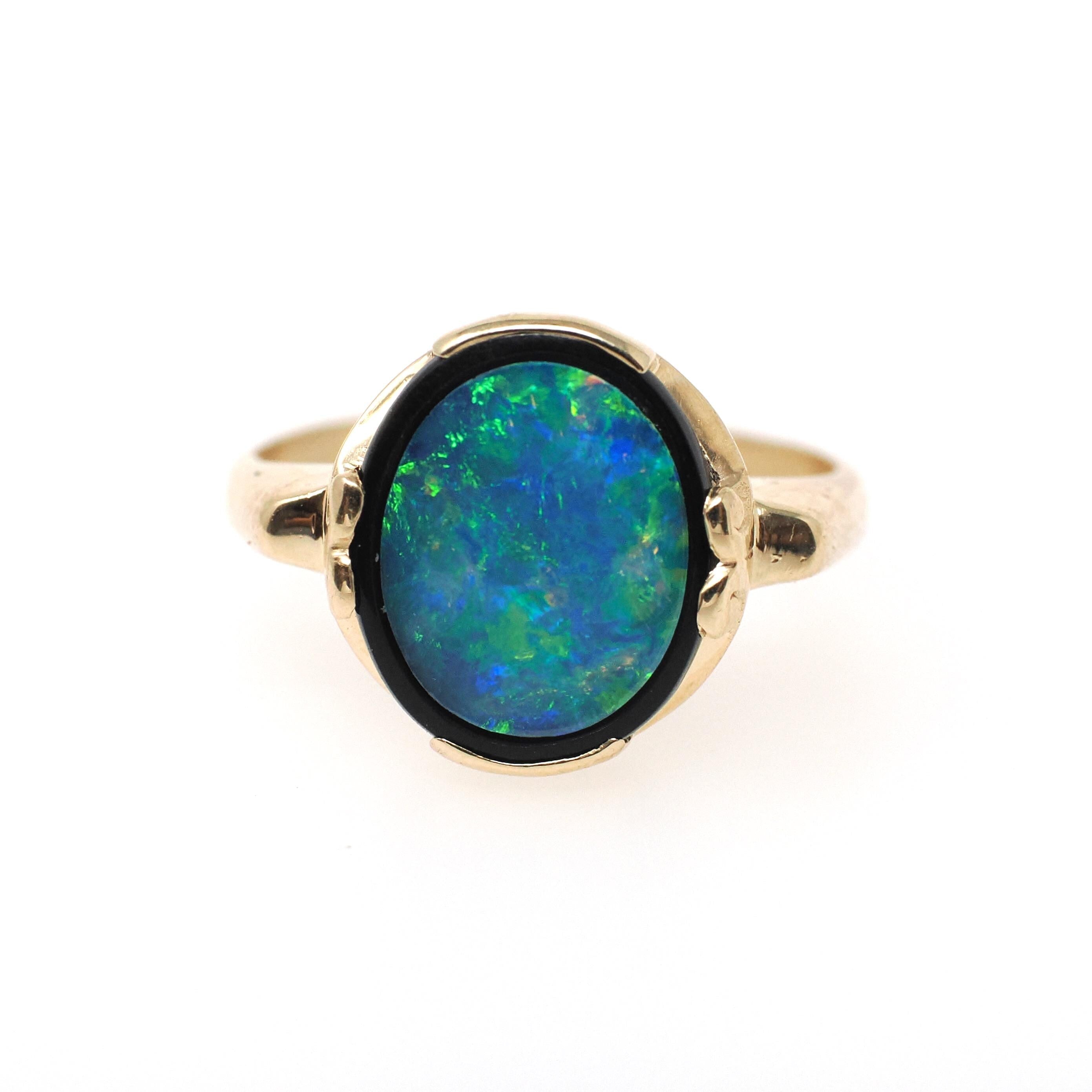 Vintage Opal & Onyx Ring - Modernist 14k Yellow Gold Oval Inlayed Statement Gem - Circa Late 1960s Era Size 7 1/4 Play of Color Fine Jewelry