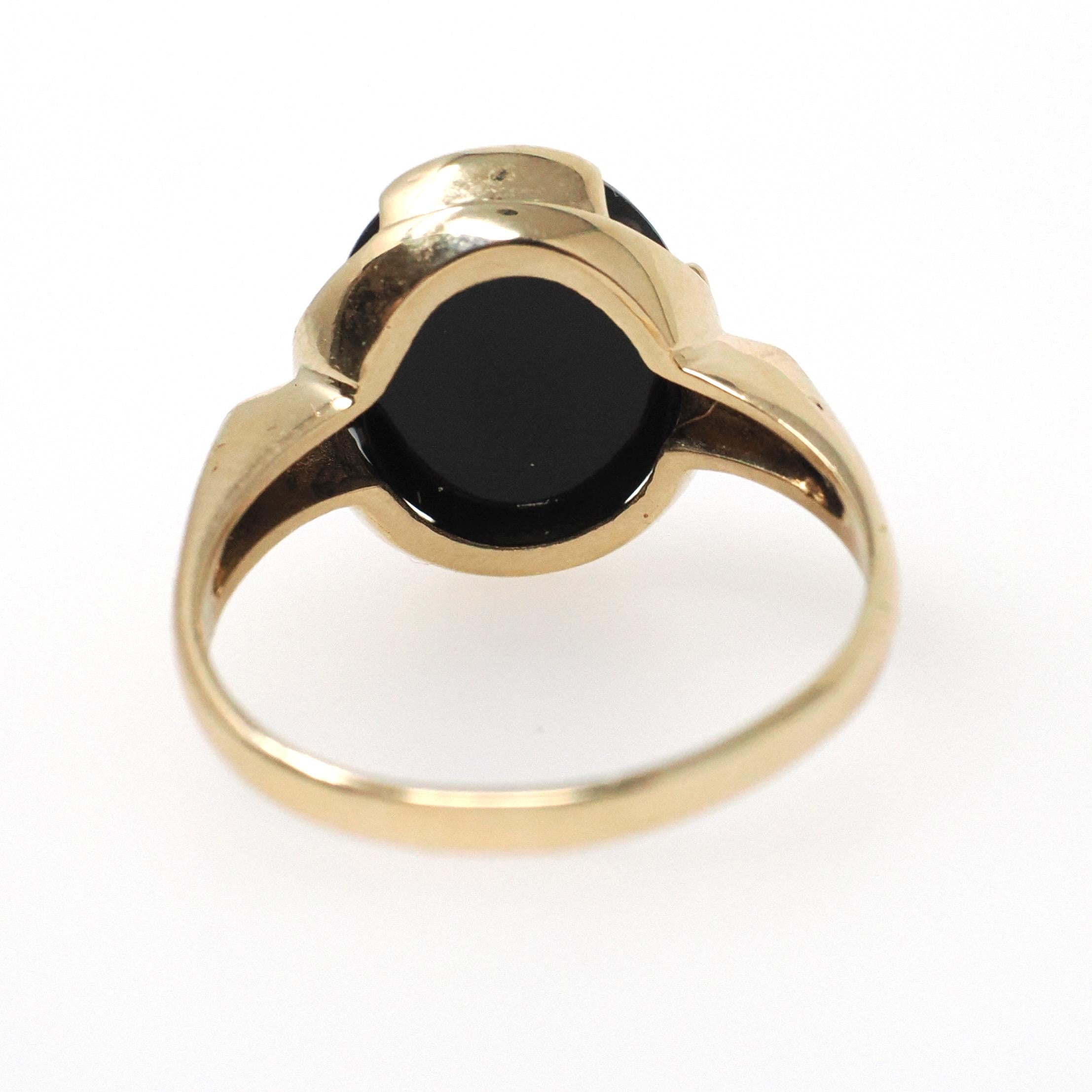 Vintage Opal & Onyx Ring - Modernist 14k Yellow Gold Oval Inlayed Statement Gem - Circa Late 1960s Era Size 7 1/4 Play of Color Fine Jewelry