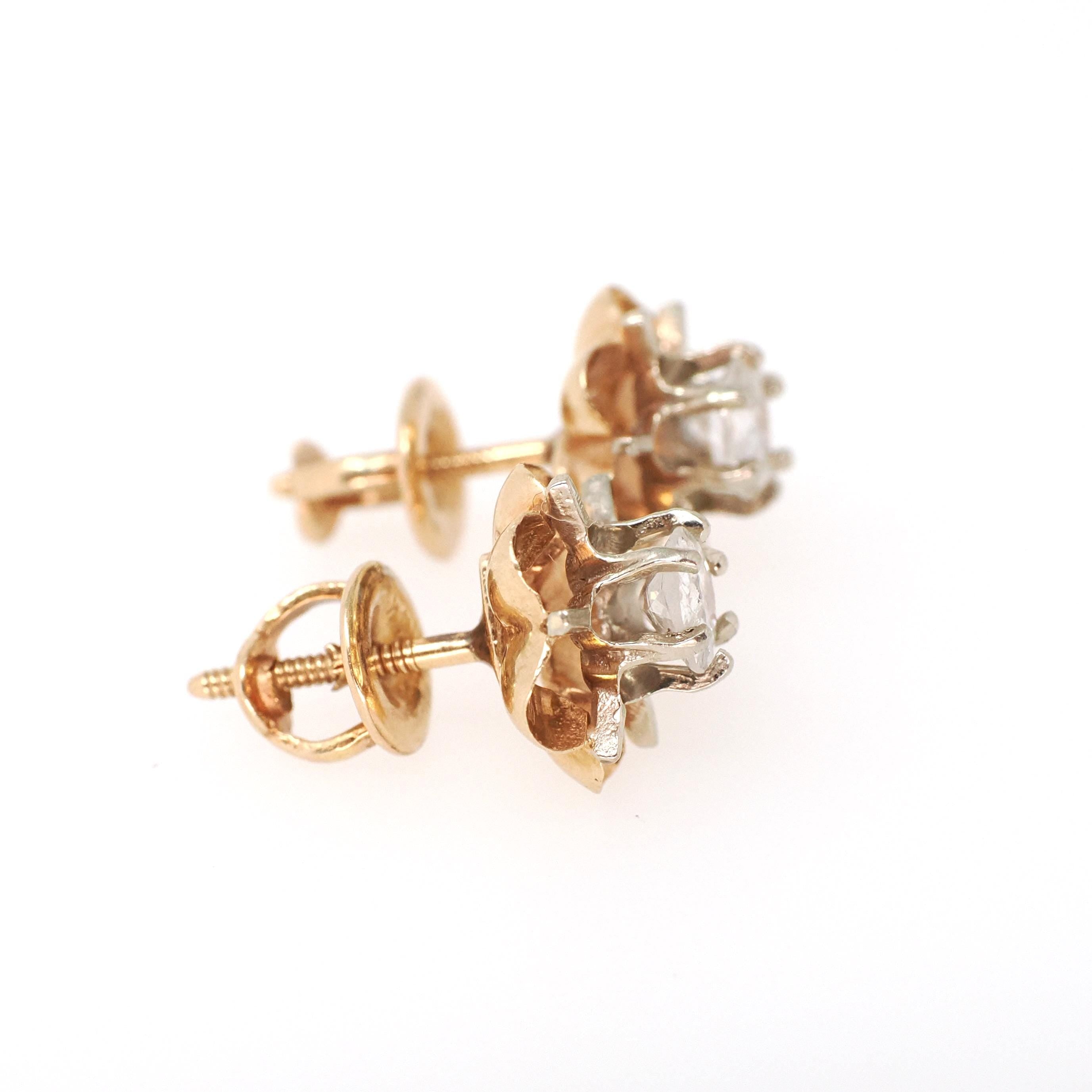 Antique Diamond Earrings - Edwardian 14k Yellow White Gold .68 CTW Buttercup Flower Studs - Circa 1910s Era Pierced Screw Back Fine Jewelry