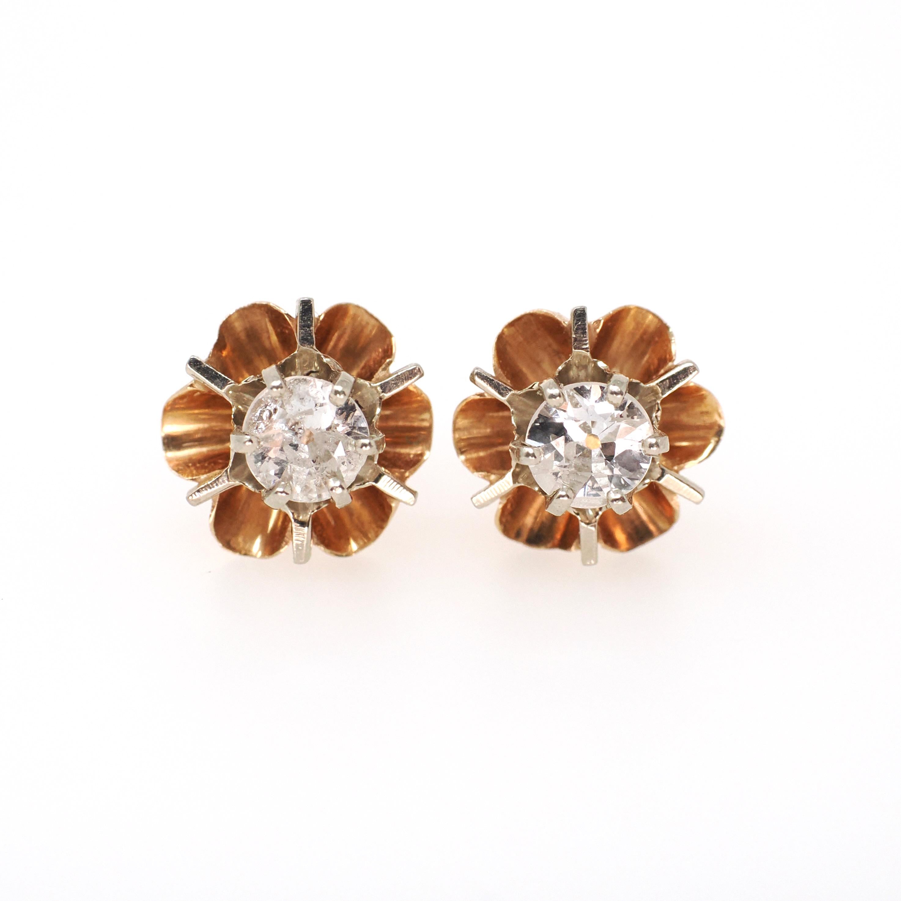 Antique Diamond Earrings - Edwardian 14k Yellow White Gold .68 CTW Buttercup Flower Studs - Circa 1910s Era Pierced Screw Back Fine Jewelry