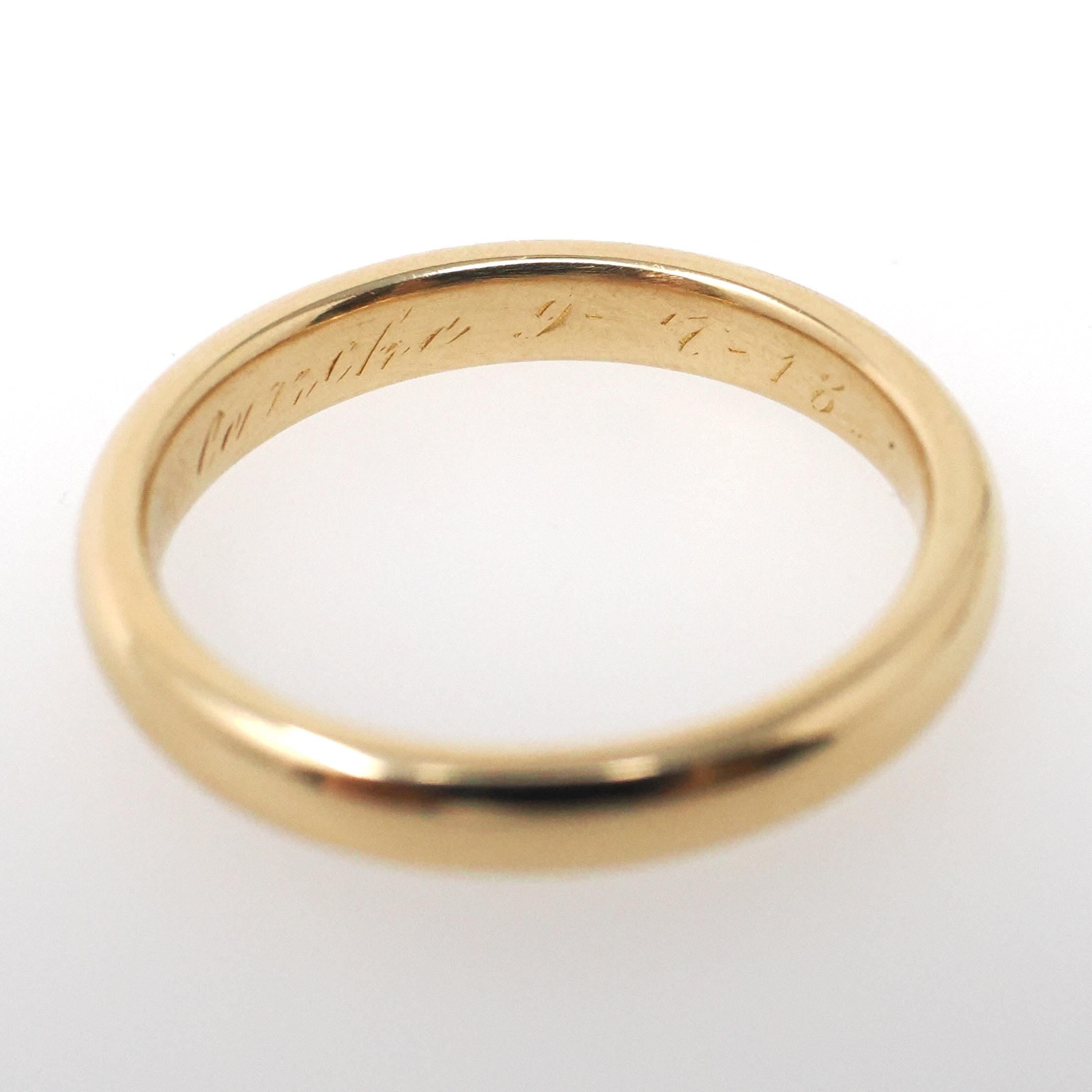 Antique Wedding Band - Edwardian 18k Yellow Gold 2.9 MM Domed Stacking Unadorned Ring - Engraved 1918 Era Size 5 3/4 Fine Bridal Jewelry
