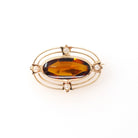 Antique Ellipse Brooch - Edwardian 10k Yellow Gold Simulated Citrine & Pearls Pin - Circa 1900s Orange Glass Fine Lapel Accessory Jewelry