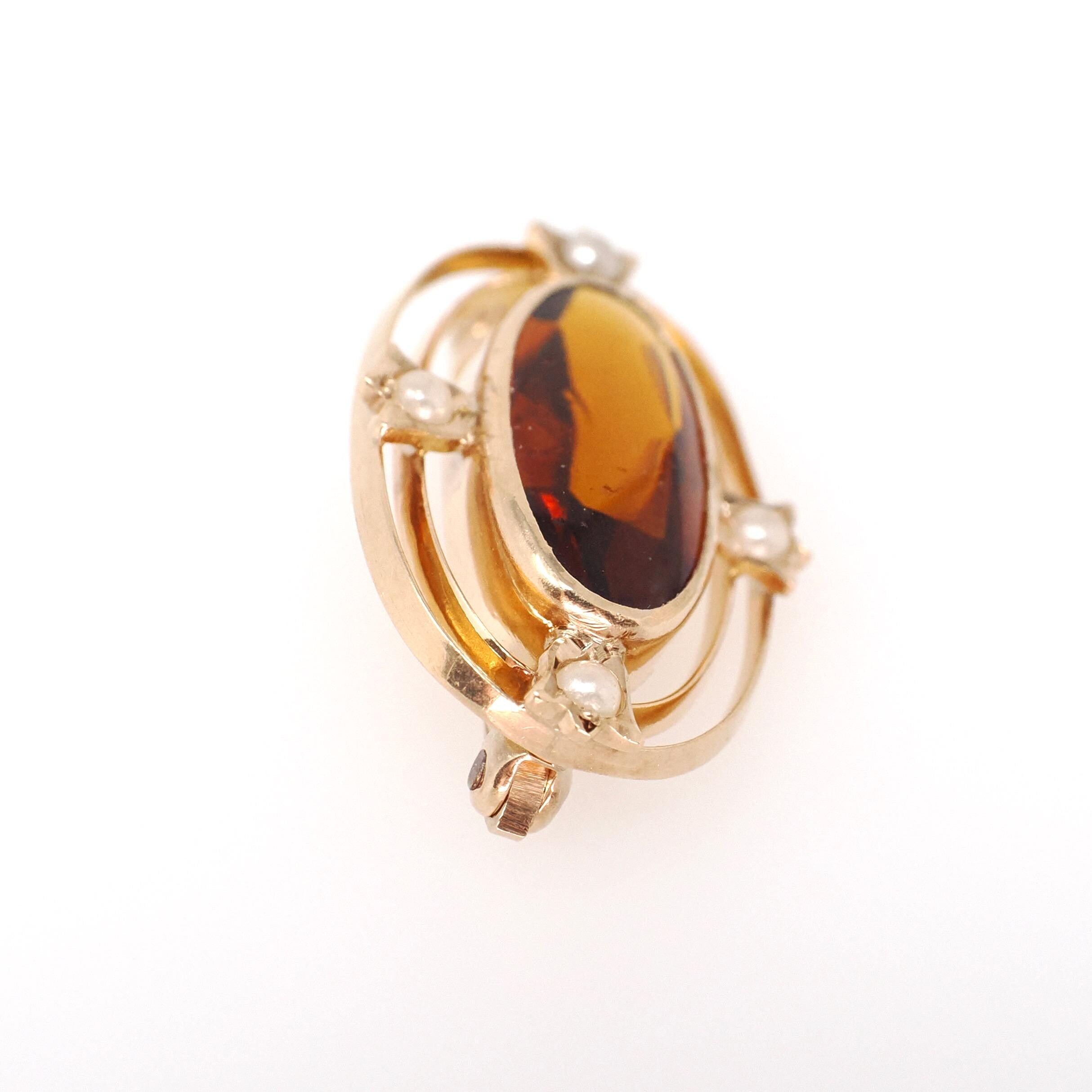 Antique Ellipse Brooch - Edwardian 10k Yellow Gold Simulated Citrine & Pearls Pin - Circa 1900s Orange Glass Fine Lapel Accessory Jewelry