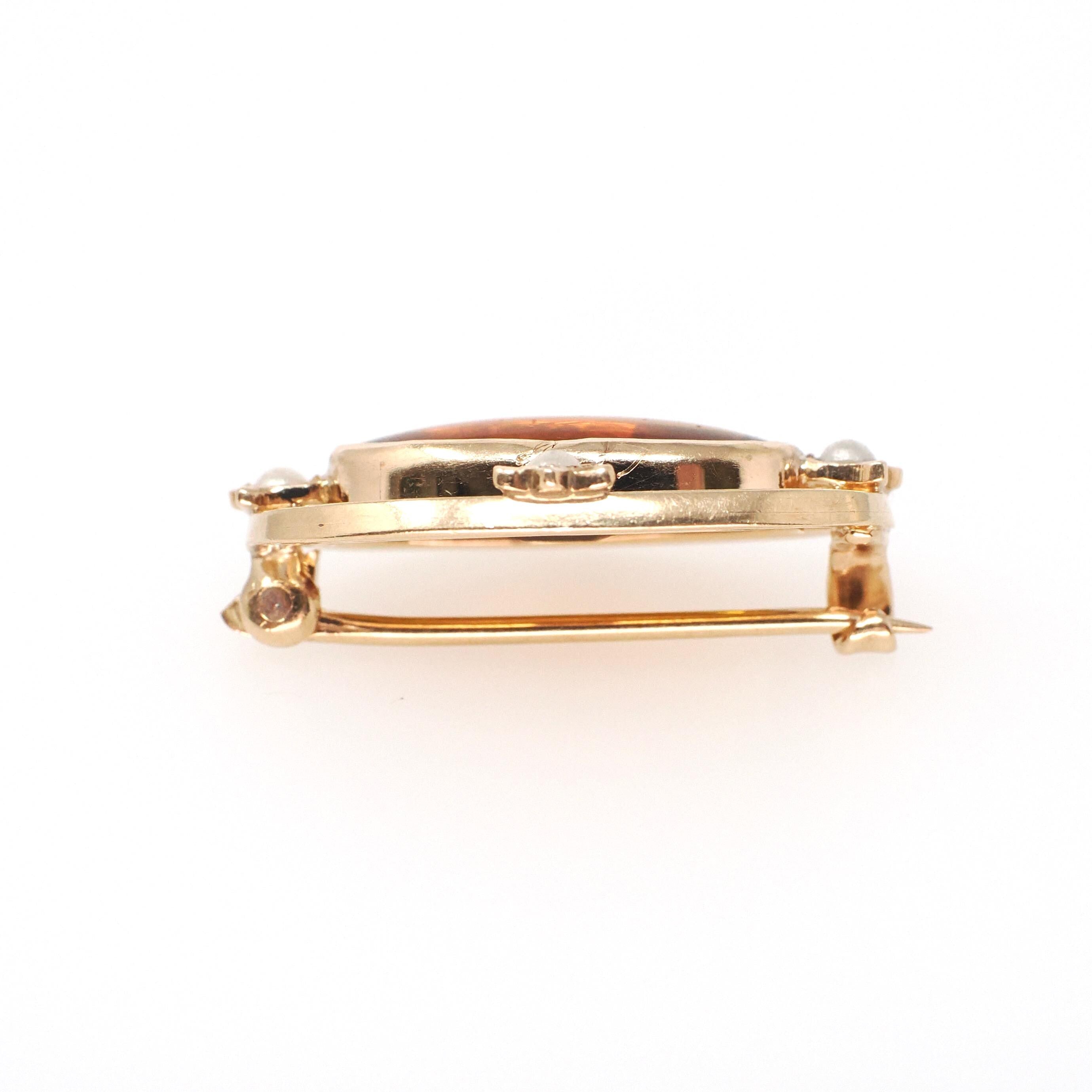 Antique Ellipse Brooch - Edwardian 10k Yellow Gold Simulated Citrine & Pearls Pin - Circa 1900s Orange Glass Fine Lapel Accessory Jewelry