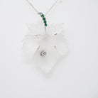 Vintage Leaf Pendant Necklace - Mid Century 14k White Gold Carved Rock Crystal Quartz - Circa 1960s Diamond Emerald Accented Fine Jewelry