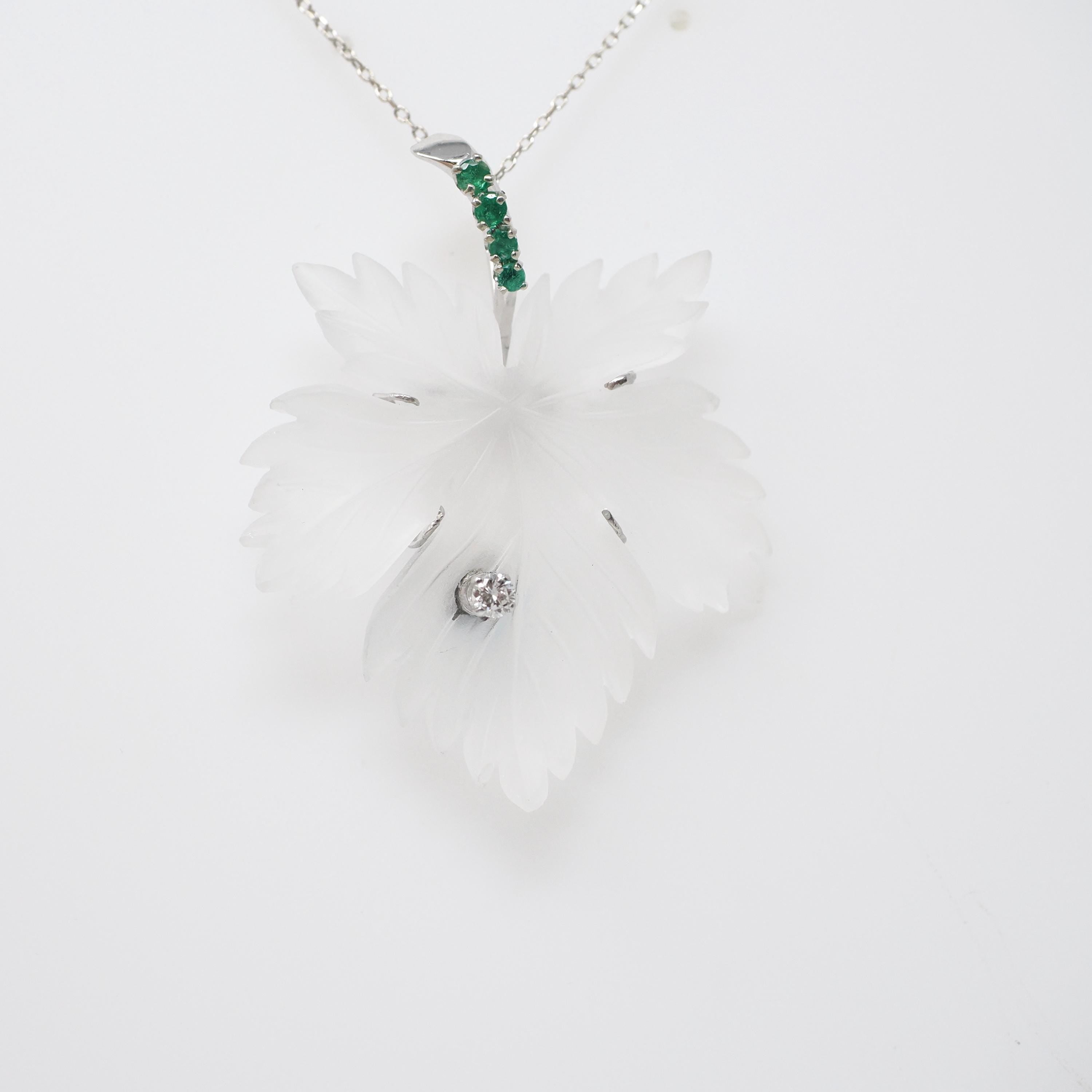 Vintage Leaf Pendant Necklace - Mid Century 14k White Gold Carved Rock Crystal Quartz - Circa 1960s Diamond Emerald Accented Fine Jewelry