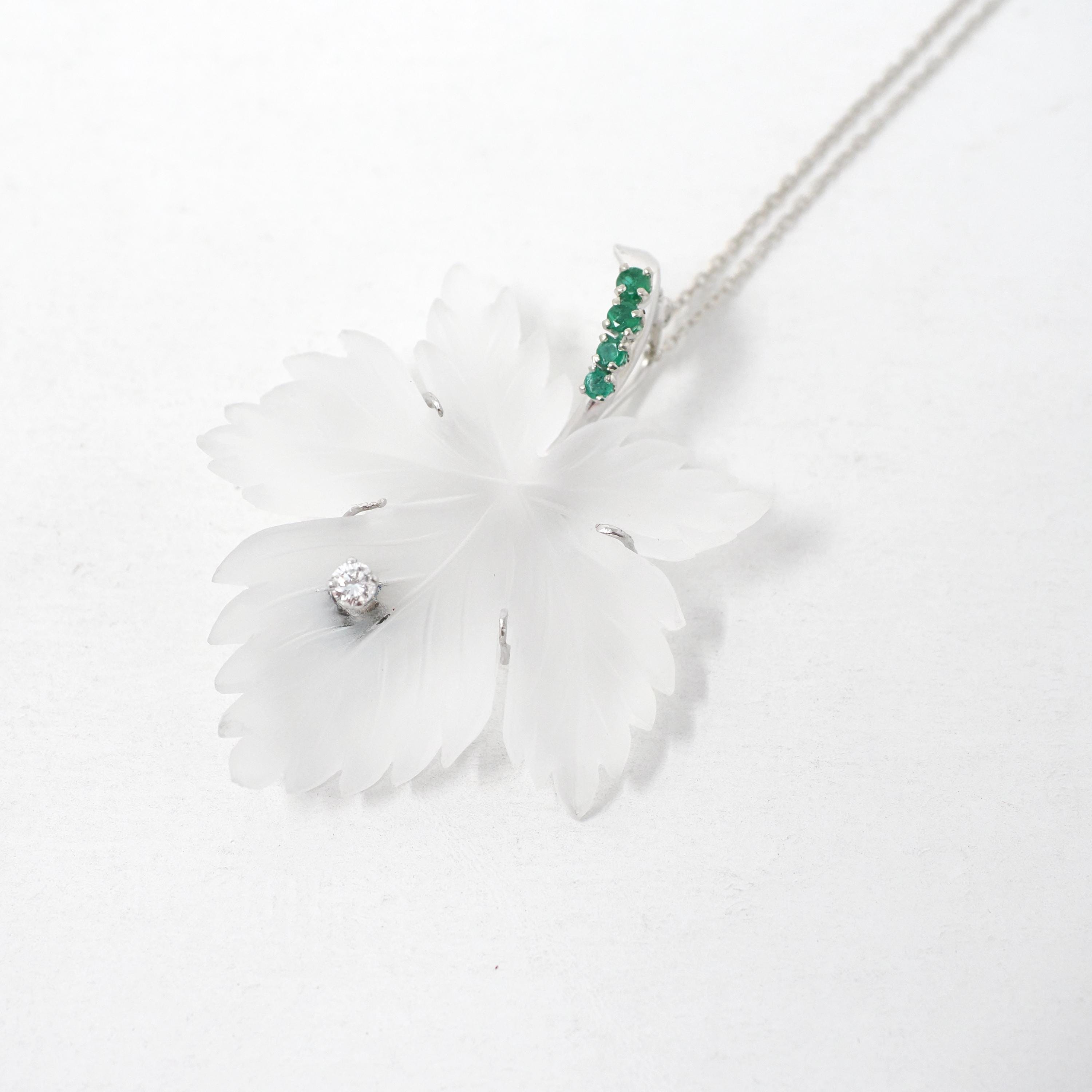 Vintage Leaf Pendant Necklace - Mid Century 14k White Gold Carved Rock Crystal Quartz - Circa 1960s Diamond Emerald Accented Fine Jewelry