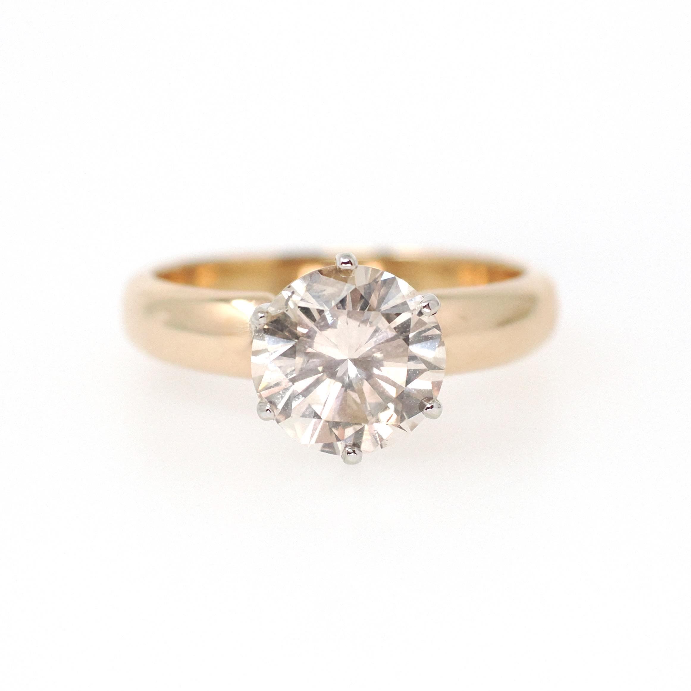 Diamond Engagement Ring - Estate 14k Yellow White Gold Round Brilliant 2.45 CT Solitaire - Contemporary Size 8 Bridal Statement Fine Jewelry