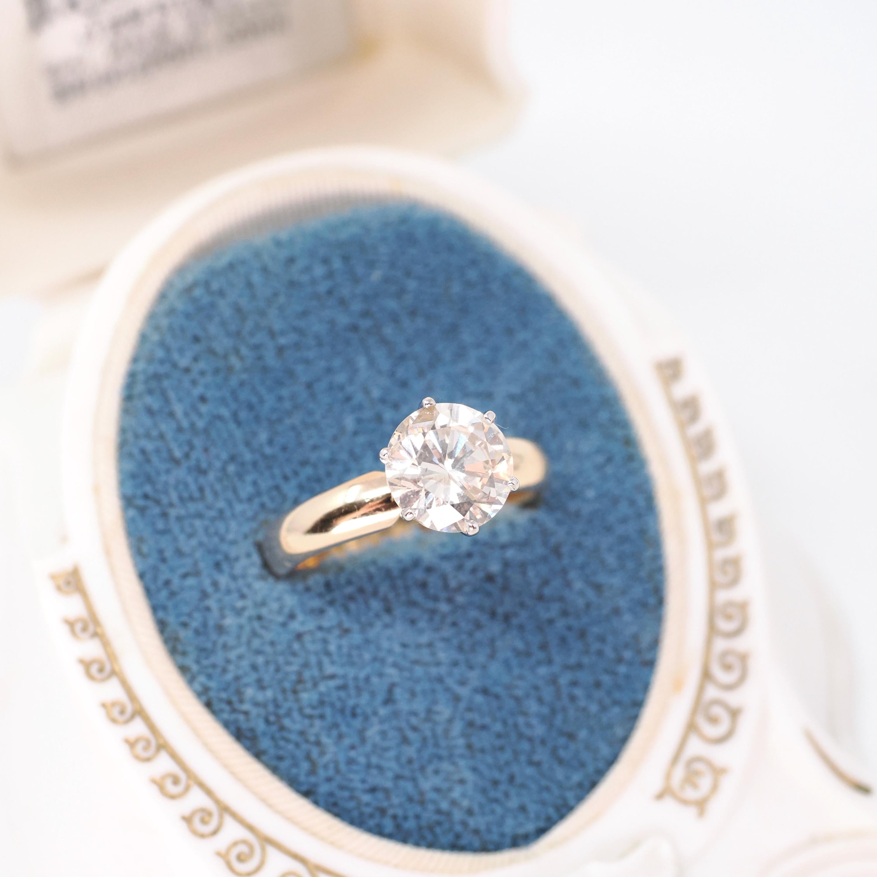 Diamond Engagement Ring - Estate 14k Yellow White Gold Round Brilliant 2.45 CT Solitaire - Contemporary Size 8 Bridal Statement Fine Jewelry