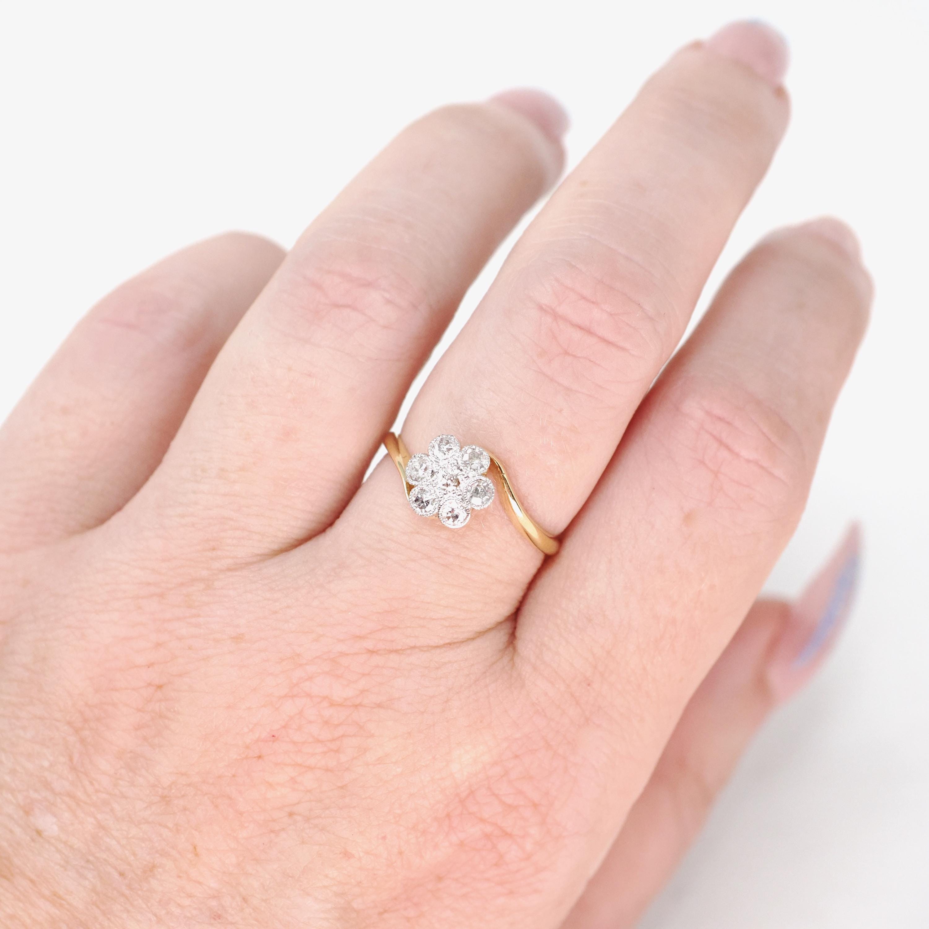 Antique Diamond Flower Ring - Art Deco 18k Yellow & White Gold .35 CTW Cluster - Circa 1920s Size 6 1/2 Two Tone Halo Fine Bridal Jewelry