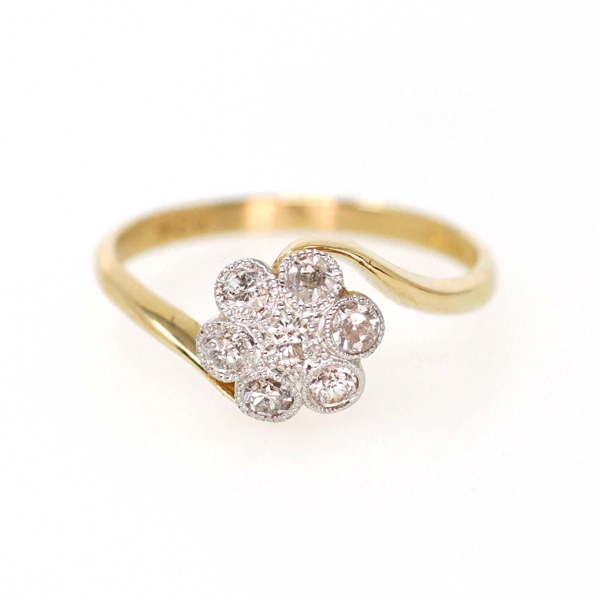 Antique Diamond Flower Ring - Art Deco 18k Yellow & White Gold .35 CTW Cluster - Circa 1920s Size 6 1/2 Two Tone Halo Fine Bridal Jewelry