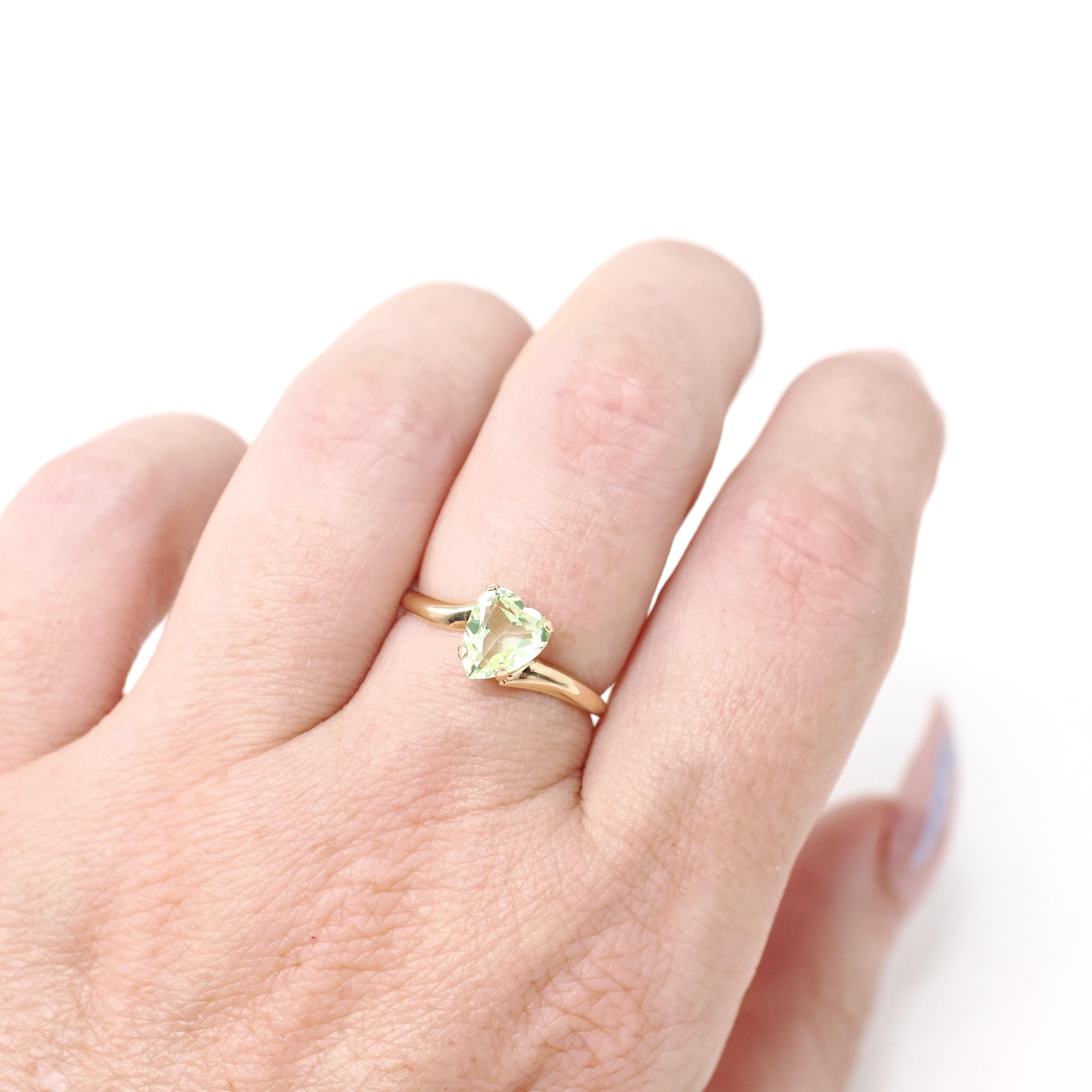 Vintage Created Spinel Ring - Mid Century 10k Yellow Gold Heart Light Green Gem Bypass - Circa 1960s Size 6 August Birthstone Fine Jewelry