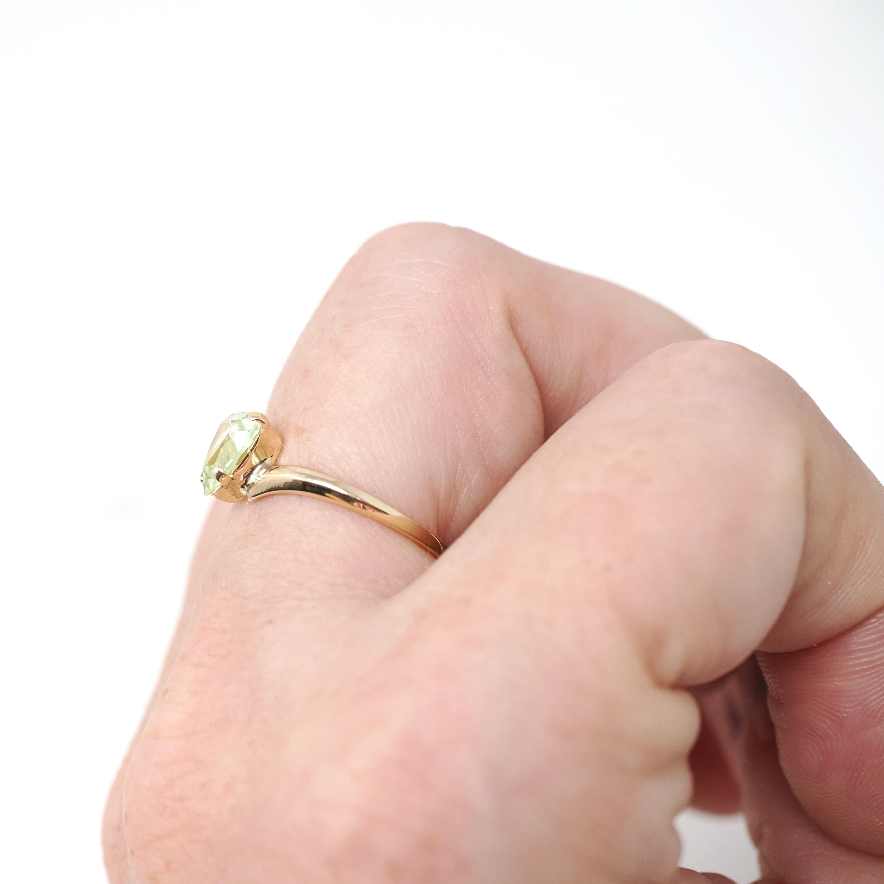 Vintage Created Spinel Ring - Mid Century 10k Yellow Gold Heart Light Green Gem Bypass - Circa 1960s Size 6 August Birthstone Fine Jewelry