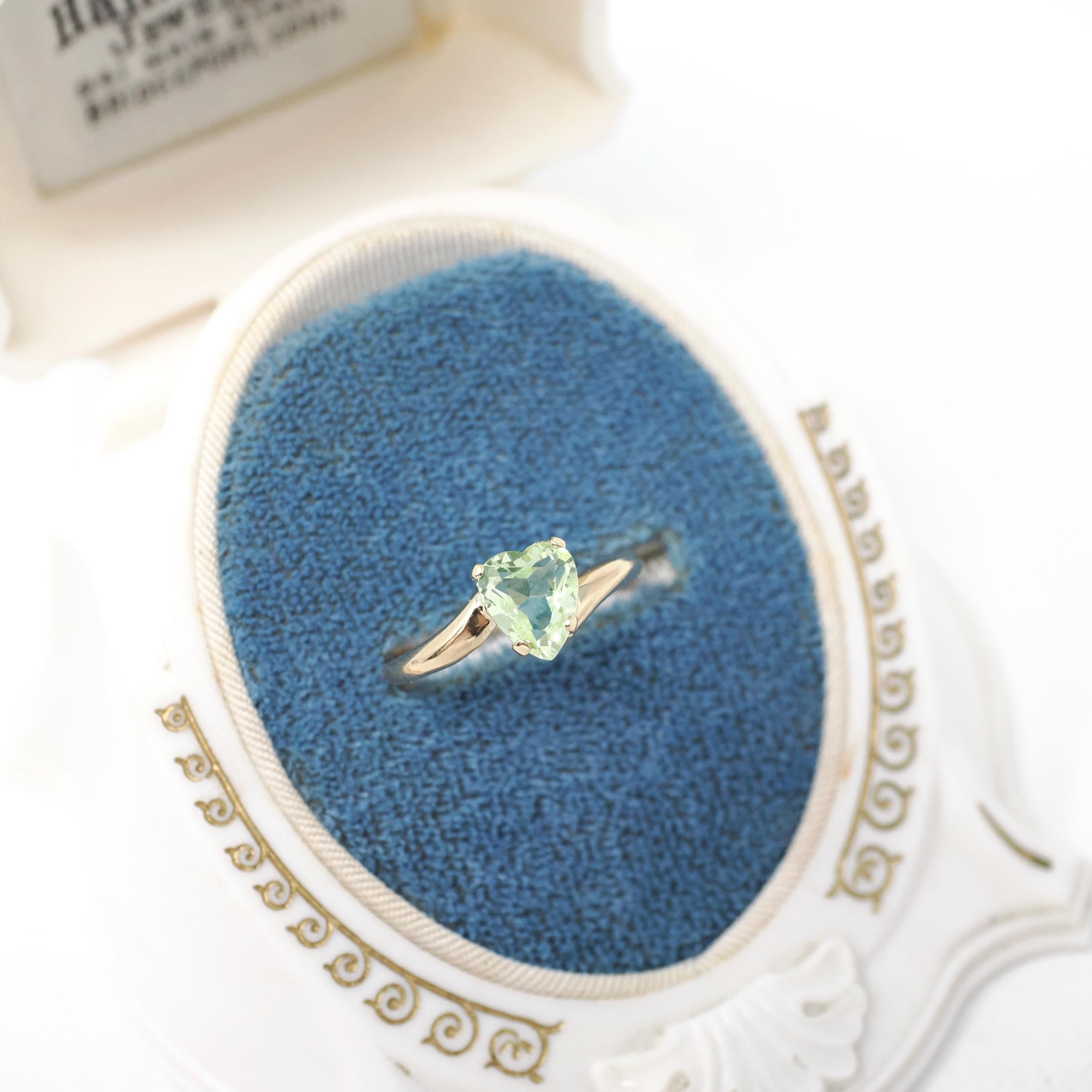 Vintage Created Spinel Ring - Mid Century 10k Yellow Gold Heart Light Green Gem Bypass - Circa 1960s Size 6 August Birthstone Fine Jewelry