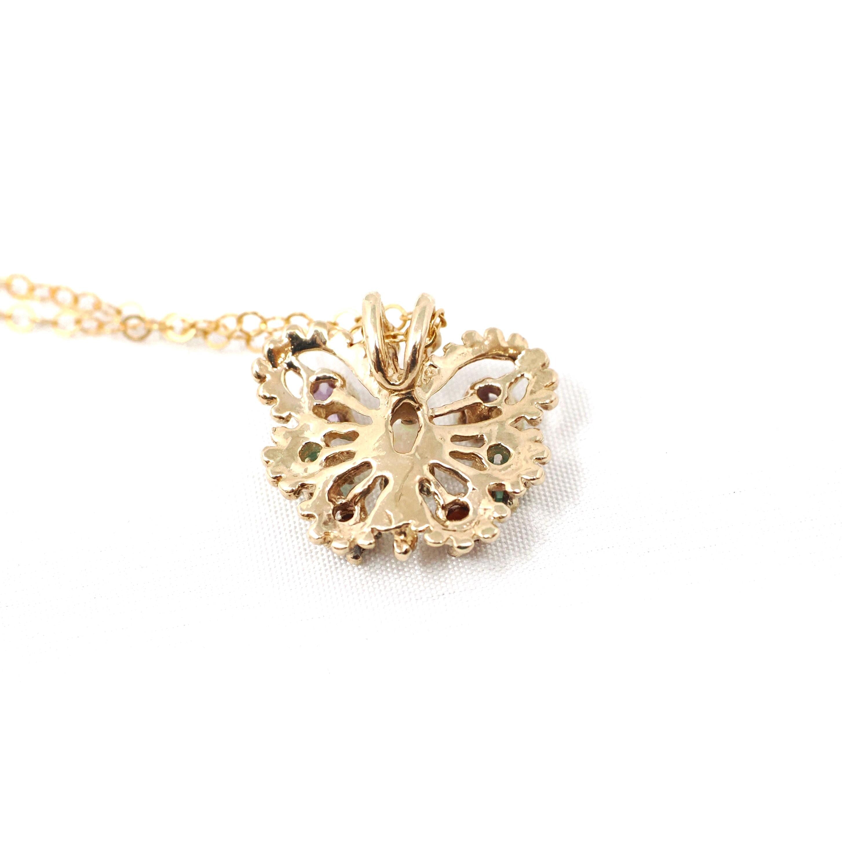 Vintage Butterfly Necklace - Contemporary 14k Yellow Gold Natural Opal Amethyst Garnet Created Emerald Gem - Circa 2000s Winged Fine Jewelry