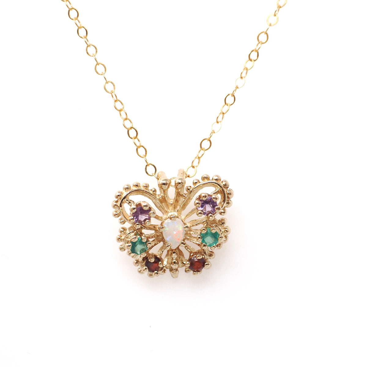 Vintage Butterfly Necklace - Contemporary 14k Yellow Gold Natural Opal Amethyst Garnet Created Emerald Gem - Circa 2000s Winged Fine Jewelry