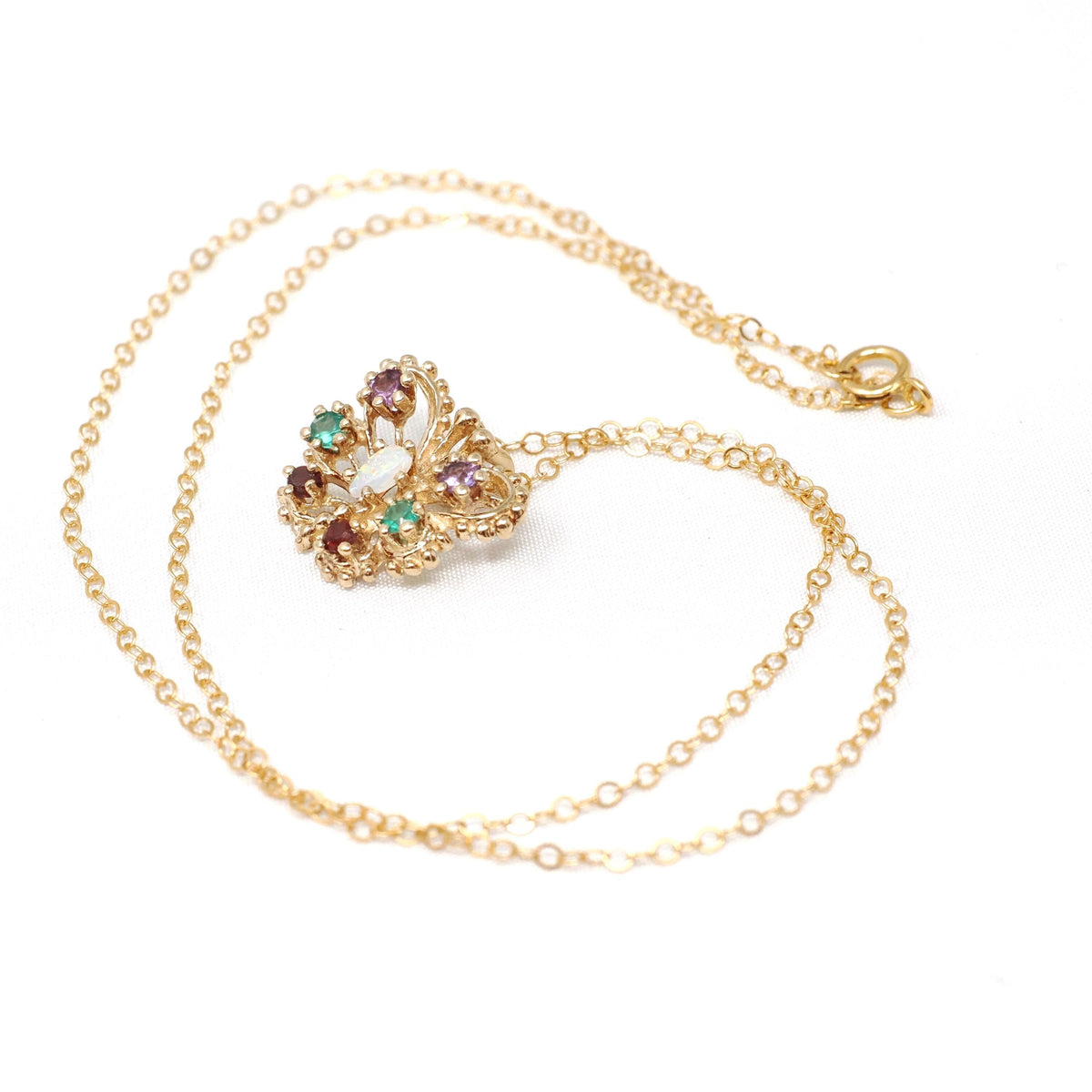 Vintage Butterfly Necklace - Contemporary 14k Yellow Gold Natural Opal Amethyst Garnet Created Emerald Gem - Circa 2000s Winged Fine Jewelry