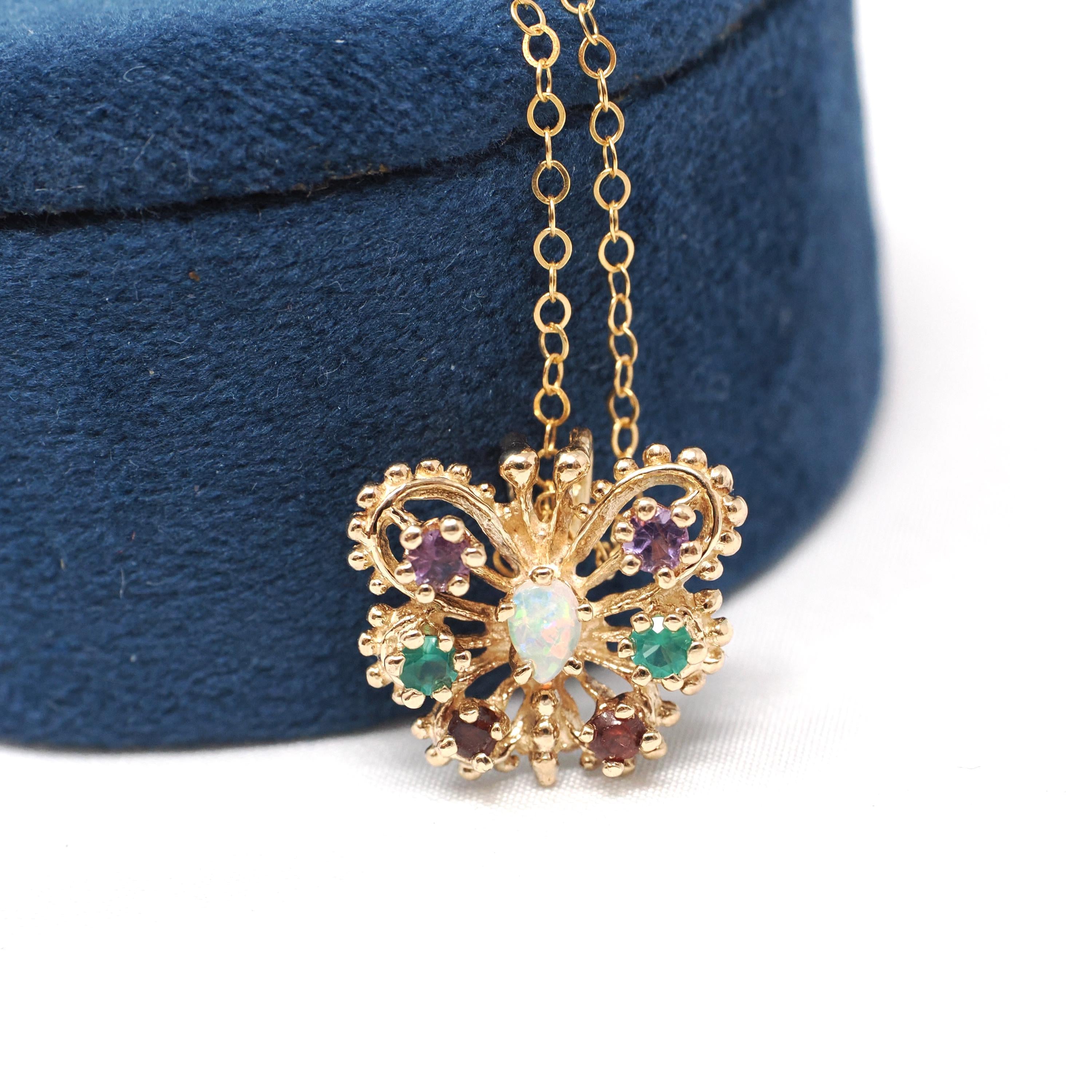 Vintage Butterfly Necklace - Contemporary 14k Yellow Gold Natural Opal Amethyst Garnet Created Emerald Gem - Circa 2000s Winged Fine Jewelry