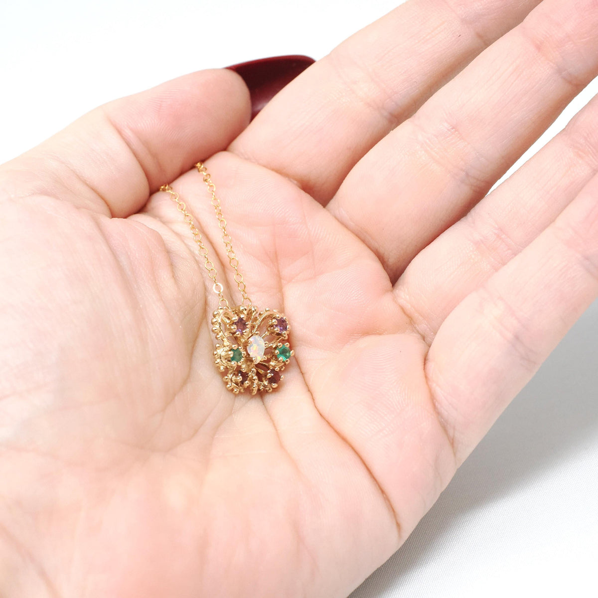 Vintage Butterfly Necklace - Contemporary 14k Yellow Gold Natural Opal Amethyst Garnet Created Emerald Gem - Circa 2000s Winged Fine Jewelry
