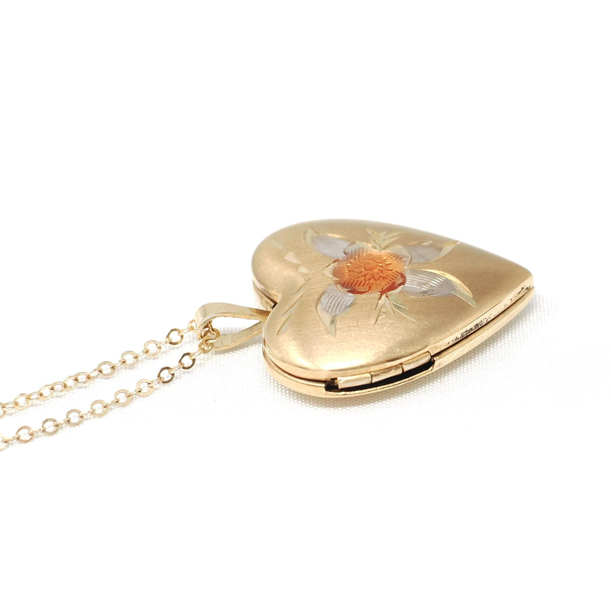 Estate Heart Locket - Modern 10k Yellow Gold Engraved Flower Leaf Design Necklace Pendant - Circa 2000's Era Photograph Keepsake PPC Jewelry