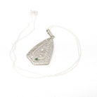 Art Deco Pendant Necklace - Vintage 14k White Gold Natural .02 CT Diamond Green Glass Triangle Accented - Circa 1930s Fine Filigree Jewelry
