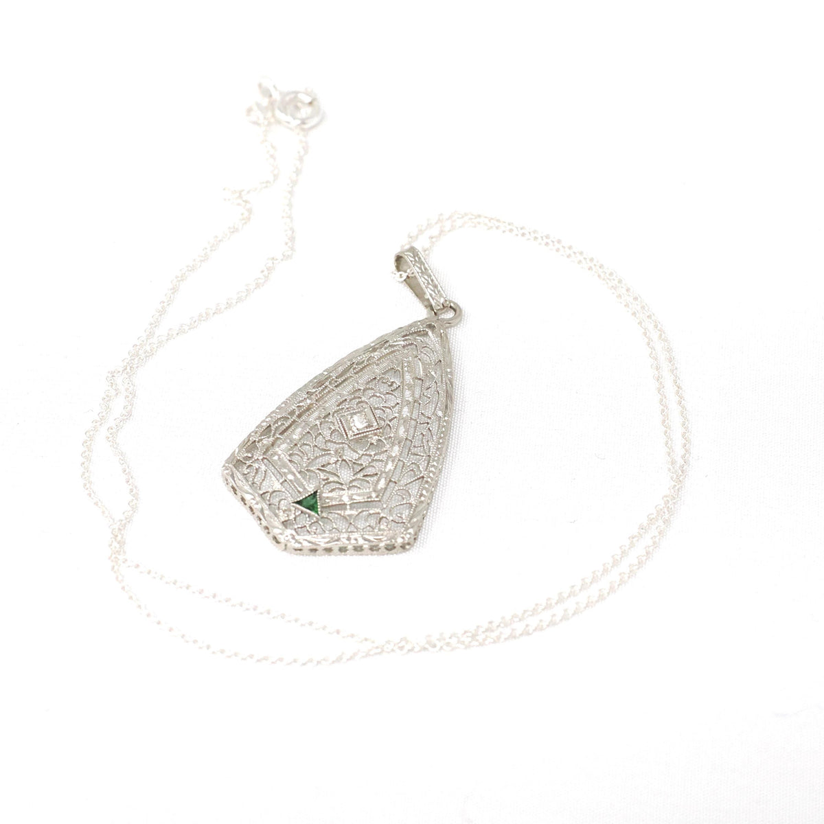Art Deco Pendant Necklace - Vintage 14k White Gold Natural .02 CT Diamond Green Glass Triangle Accented - Circa 1930s Fine Filigree Jewelry