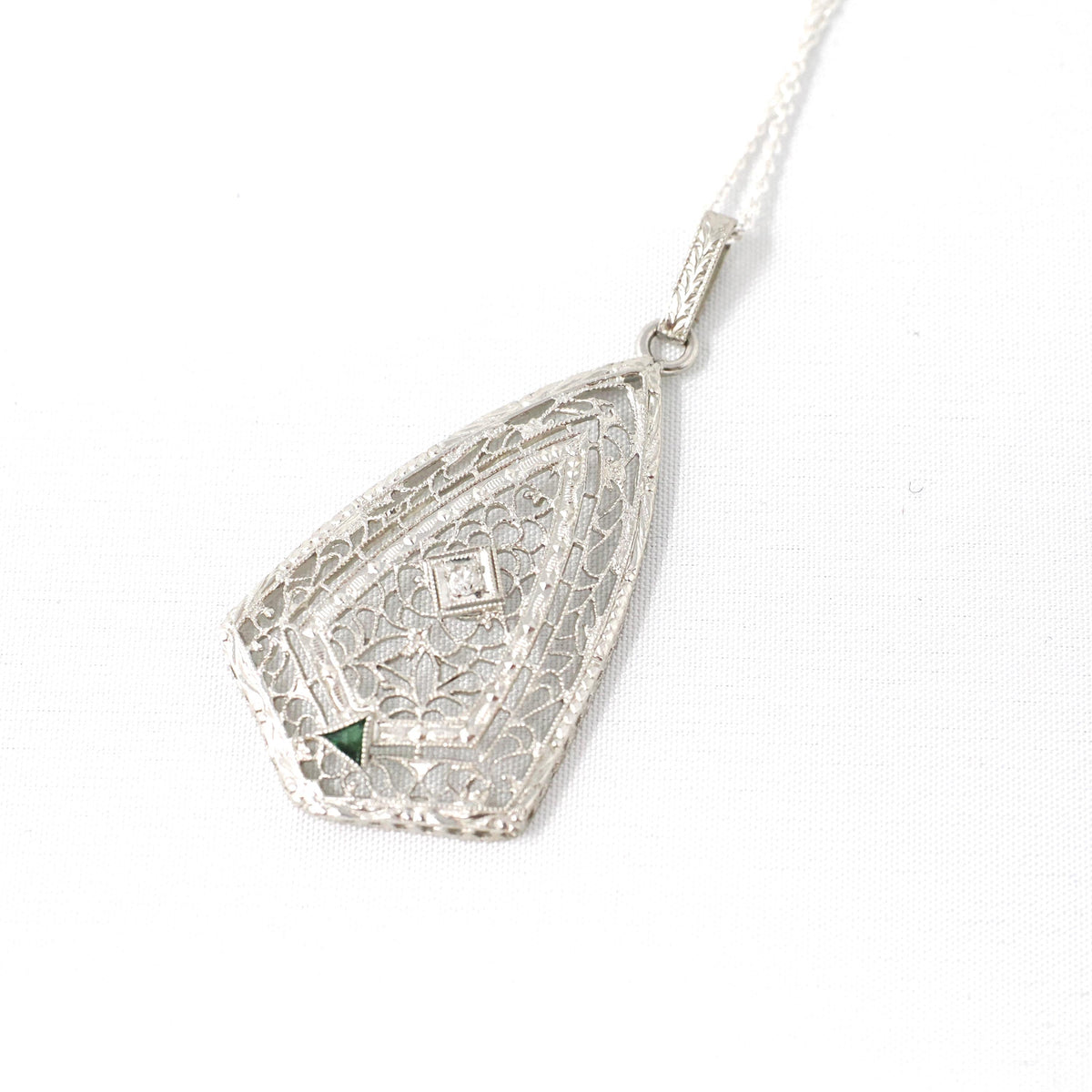Art Deco Pendant Necklace - Vintage 14k White Gold Natural .02 CT Diamond Green Glass Triangle Accented - Circa 1930s Fine Filigree Jewelry
