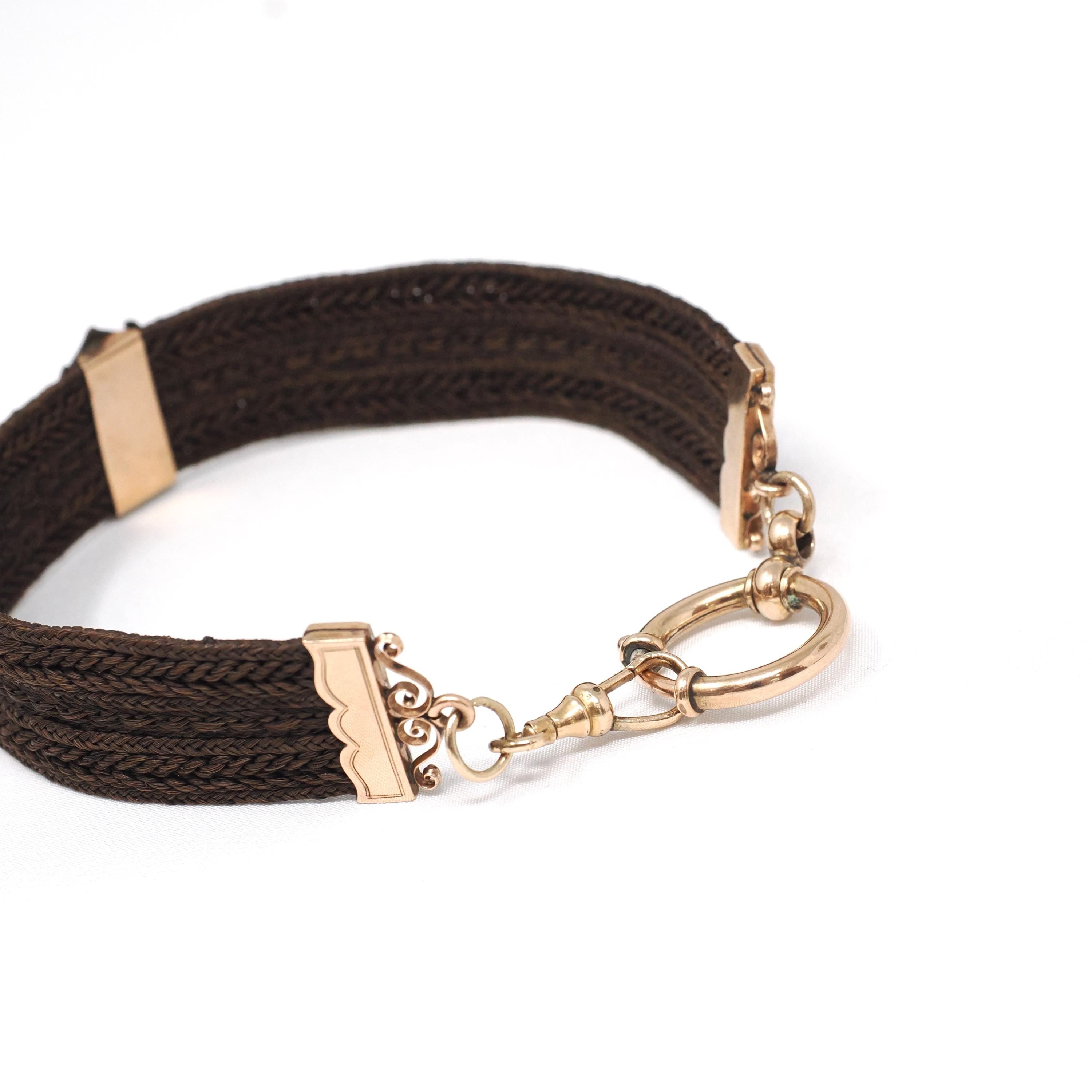 Victorian Hair Bracelet - Antique Rosy Gold Filled Woven Braid & Pierced Monogram - Circa 1800s Era Mourning Statement "WC" Fine Jewelry