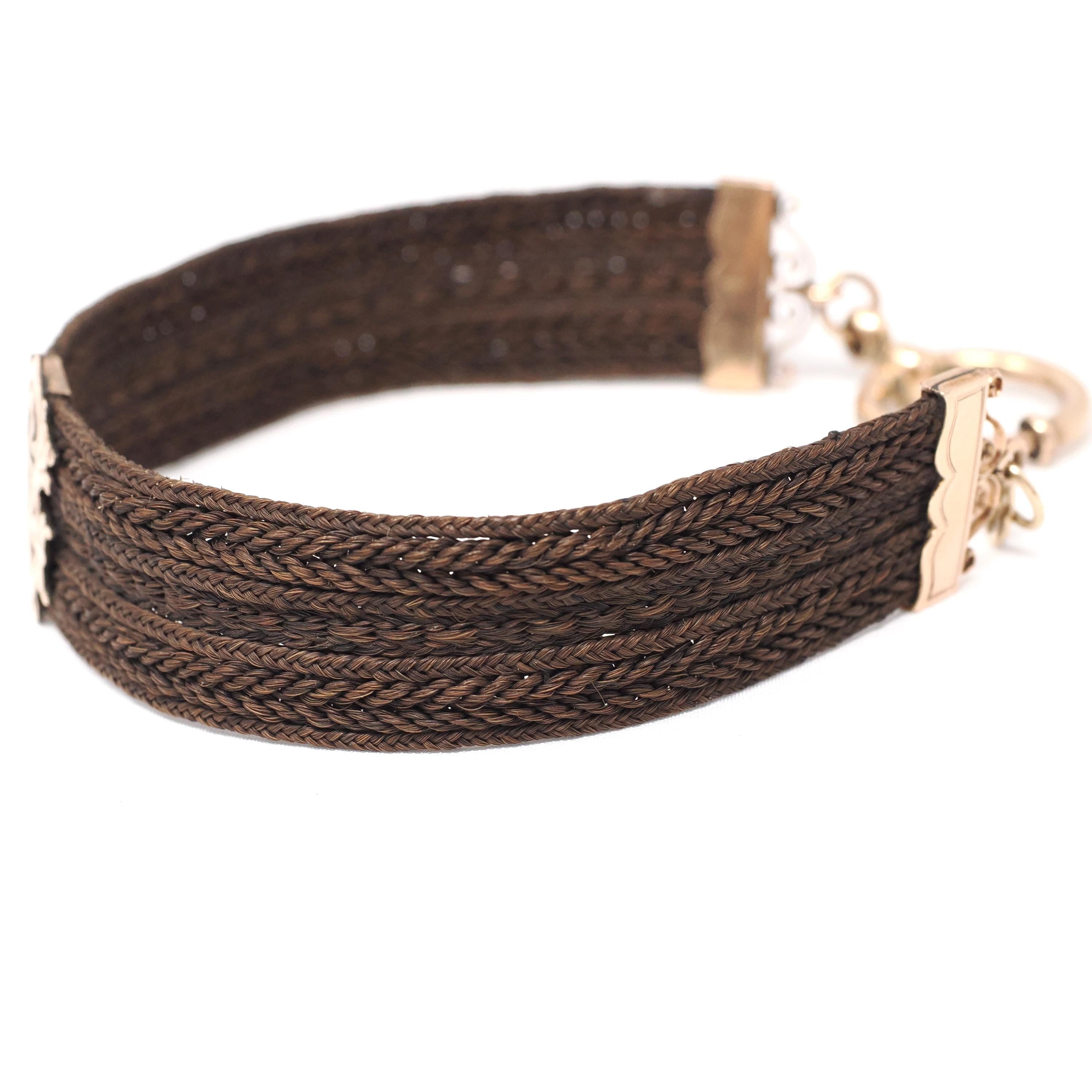 Victorian Hair Bracelet - Antique Rosy Gold Filled Woven Braid & Pierced Monogram - Circa 1800s Era Mourning Statement "WC" Fine Jewelry