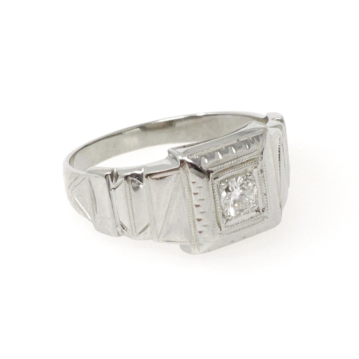 Art Deco Diamond Ring - Vintage 18k White Gold Natural .20 CT Old European Unisex Engagement - Circa 1930s Era Size 8.5 Square Fine Jewelry