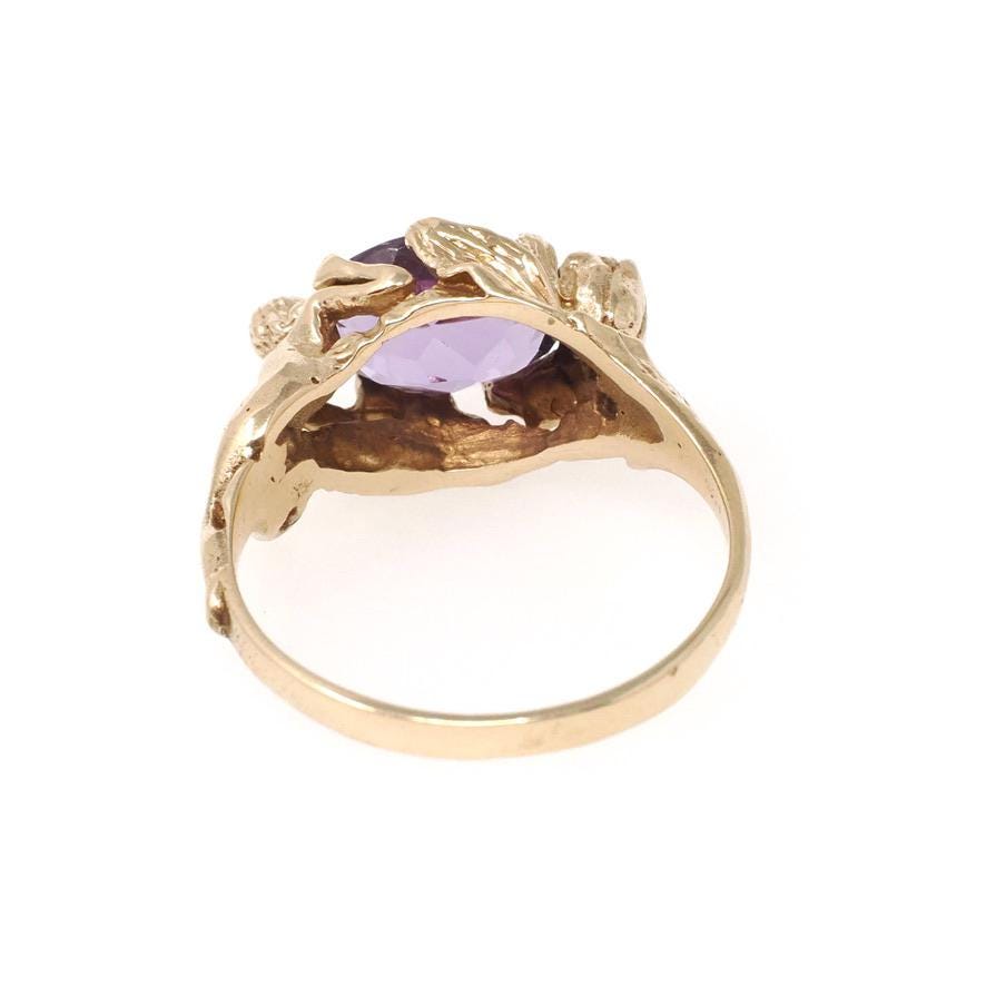 Art Nouveau Style Ring - Contemporary 14k Yellow Gold Natural Purple Amethyst Gemstone - Size 7.25 Romance Floral Female Figure Fine Jewelry