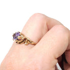 Art Nouveau Style Ring - Contemporary 14k Yellow Gold Natural Purple Amethyst Gemstone - Size 7.25 Romance Floral Female Figure Fine Jewelry