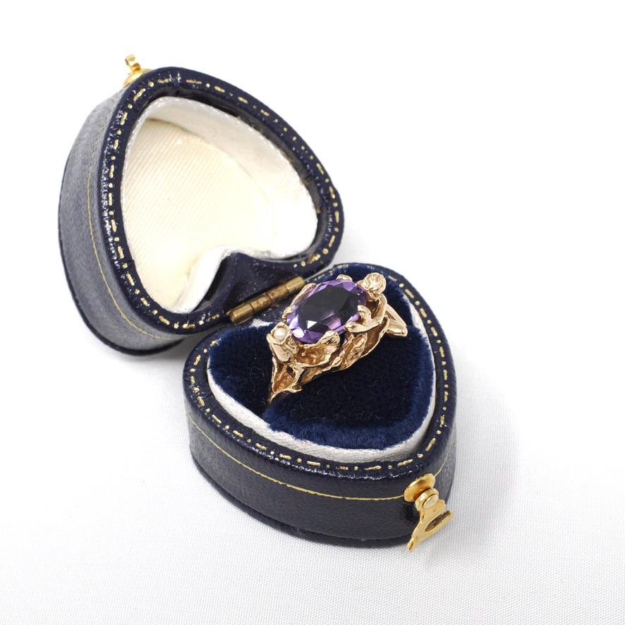 Art Nouveau Style Ring - Contemporary 14k Yellow Gold Natural Purple Amethyst Gemstone - Size 7.25 Romance Floral Female Figure Fine Jewelry