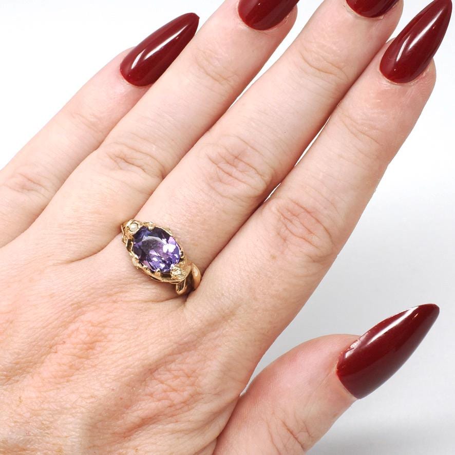 Art Nouveau Style Ring - Contemporary 14k Yellow Gold Natural Purple Amethyst Gemstone - Size 7.25 Romance Floral Female Figure Fine Jewelry