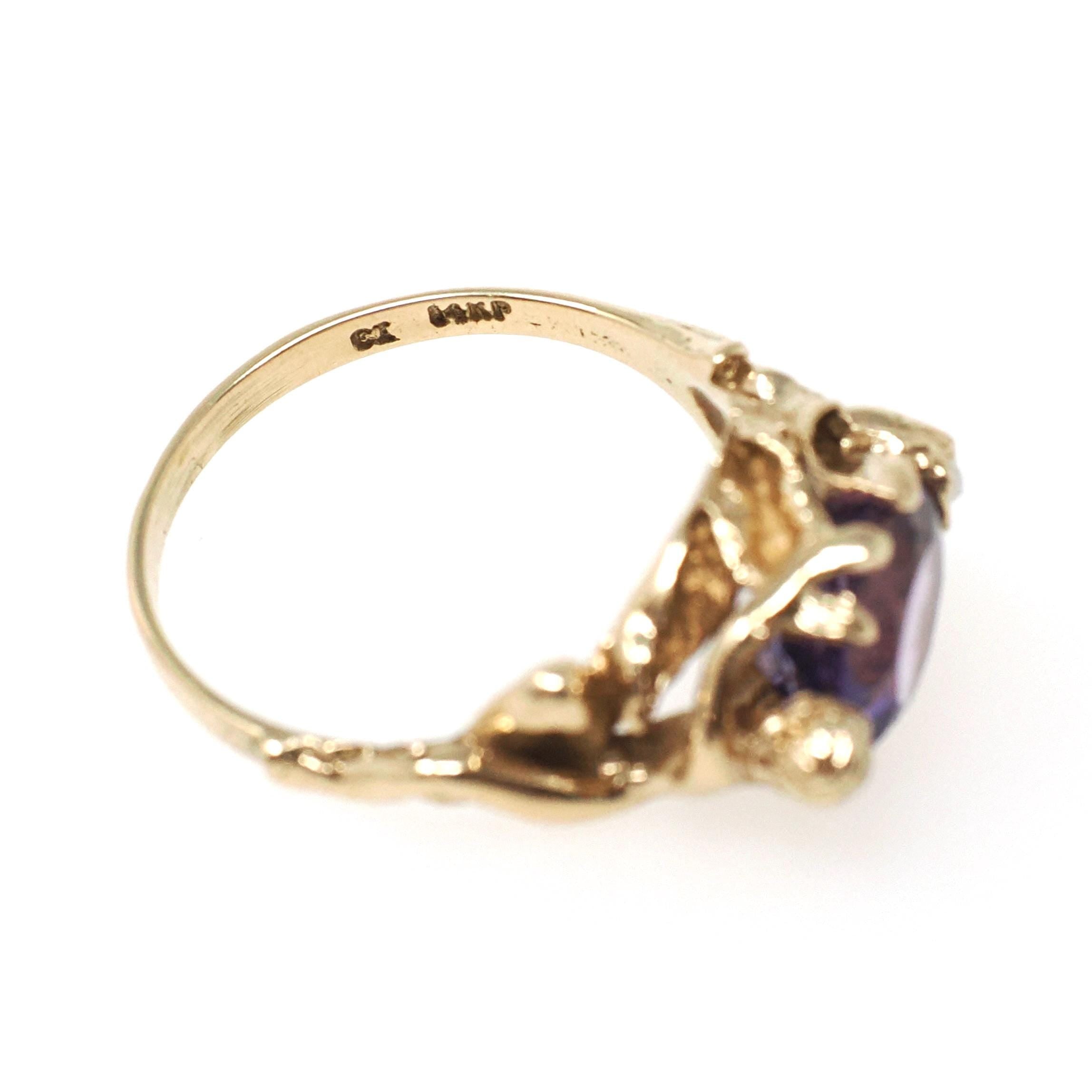 Art Nouveau Style Ring - Contemporary 14k Yellow Gold Natural Purple Amethyst Gemstone - Size 7.25 Romance Floral Female Figure Fine Jewelry