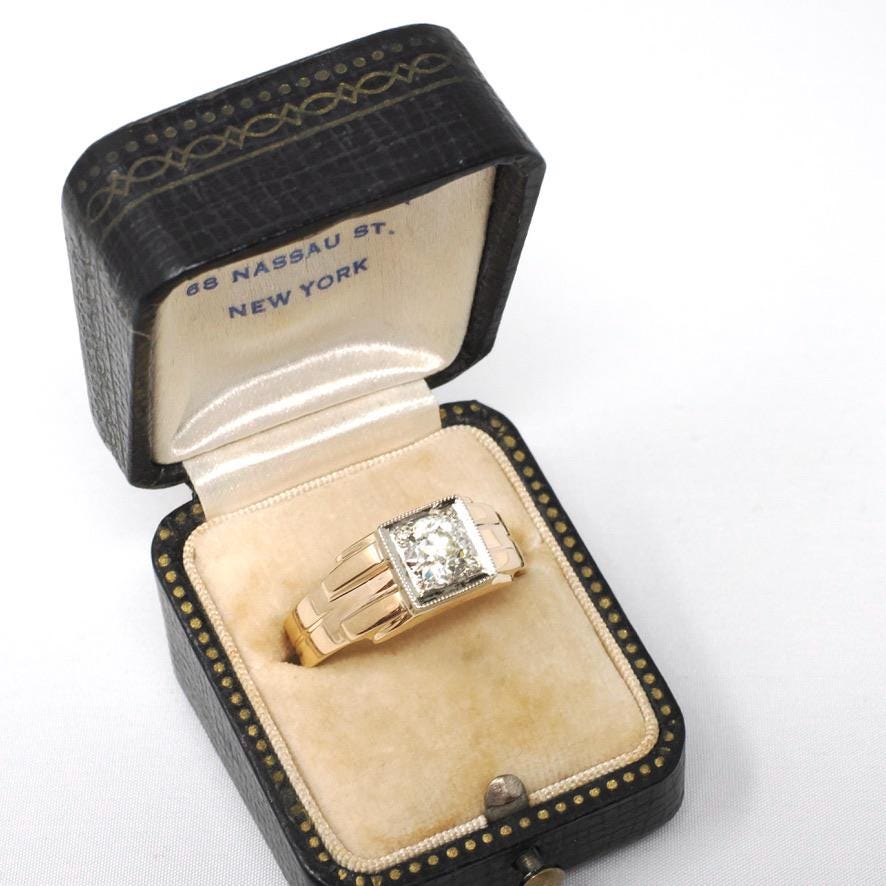 Vintage Diamond Ring - Mid Century 14k Yellow & White Gold Unisex .85 CT Engagement - Circa 1950s Era Size 11 Two Tone Wedding Jewelry