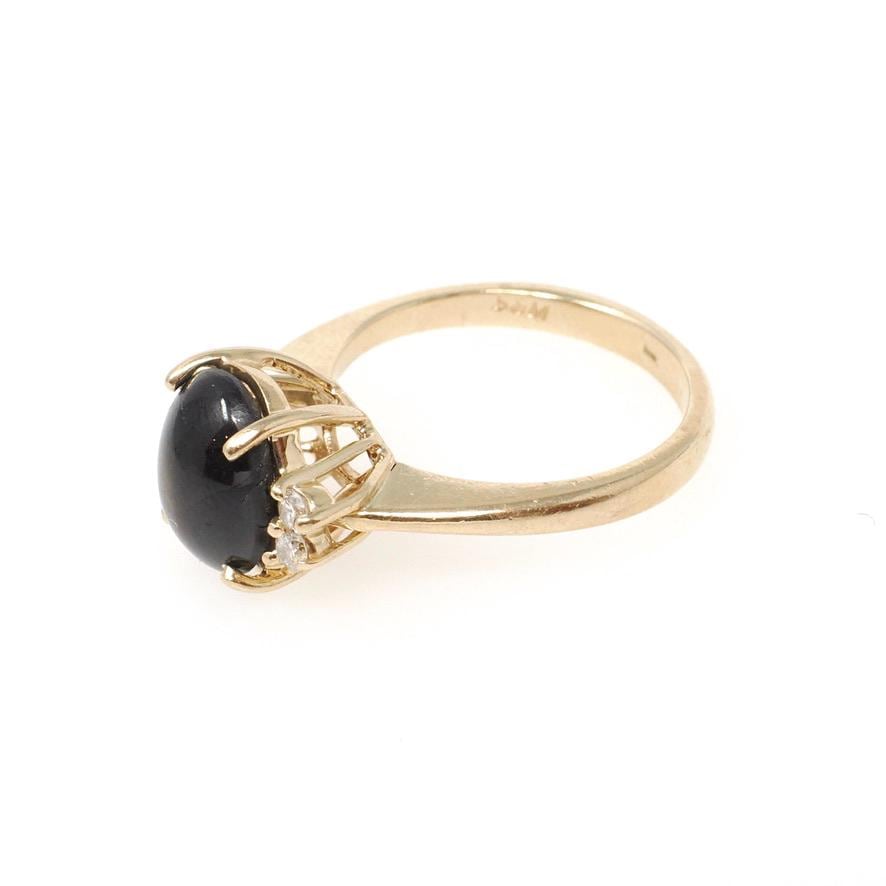 Black Star Sapphire Ring - Contemporary 14k Yellow Gold Natural 3.18 CT Gemstone - Modern Estate Circa 1990s Size 5 1/4 Diamond Fine Jewelry
