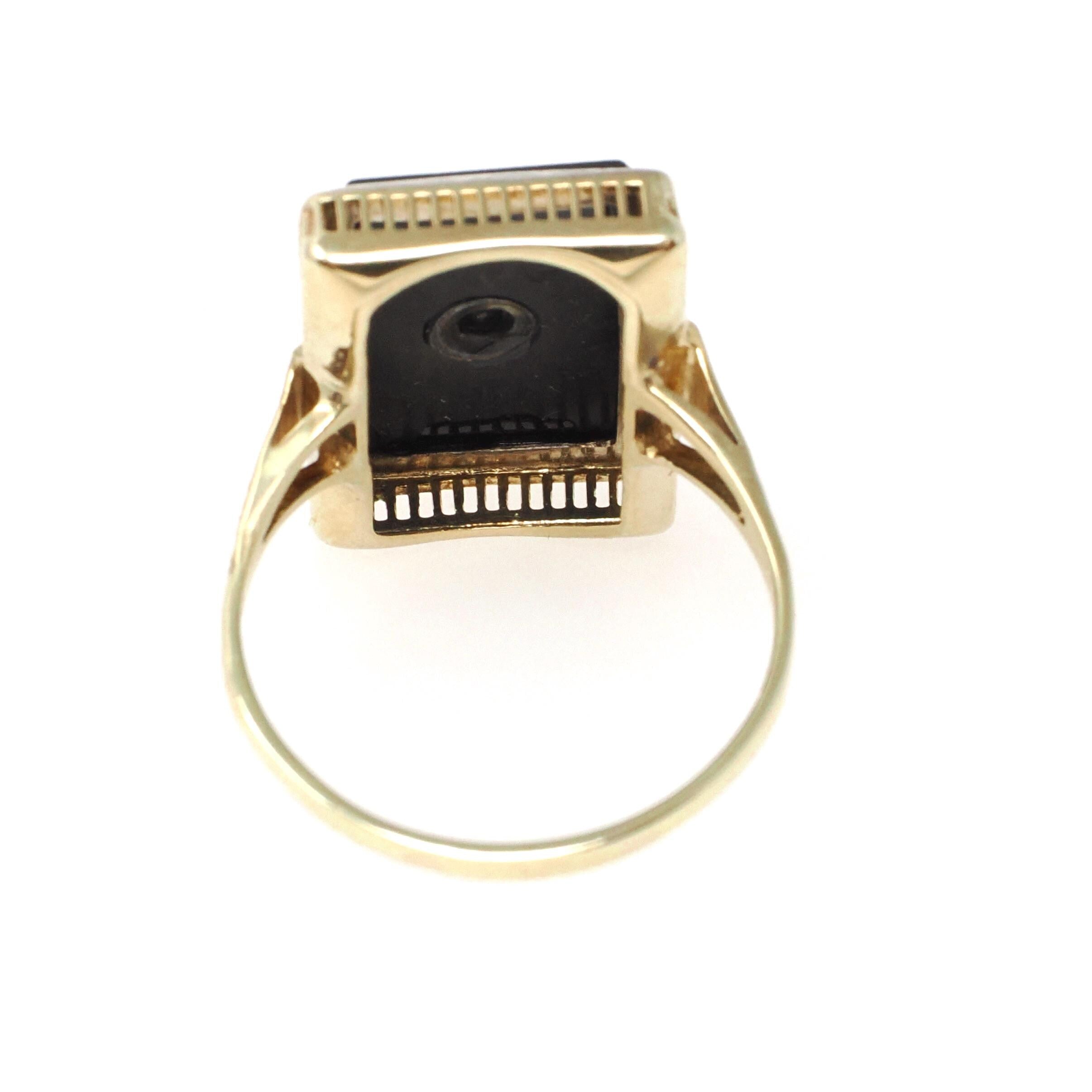 Vintage Onyx Ring - Art Deco 14k Yellow Gold Natural Black Chalcedony Gem - Circa 1930s Era Size 6 1/4 Diamond .05 CT Filigree Fine Jewelry