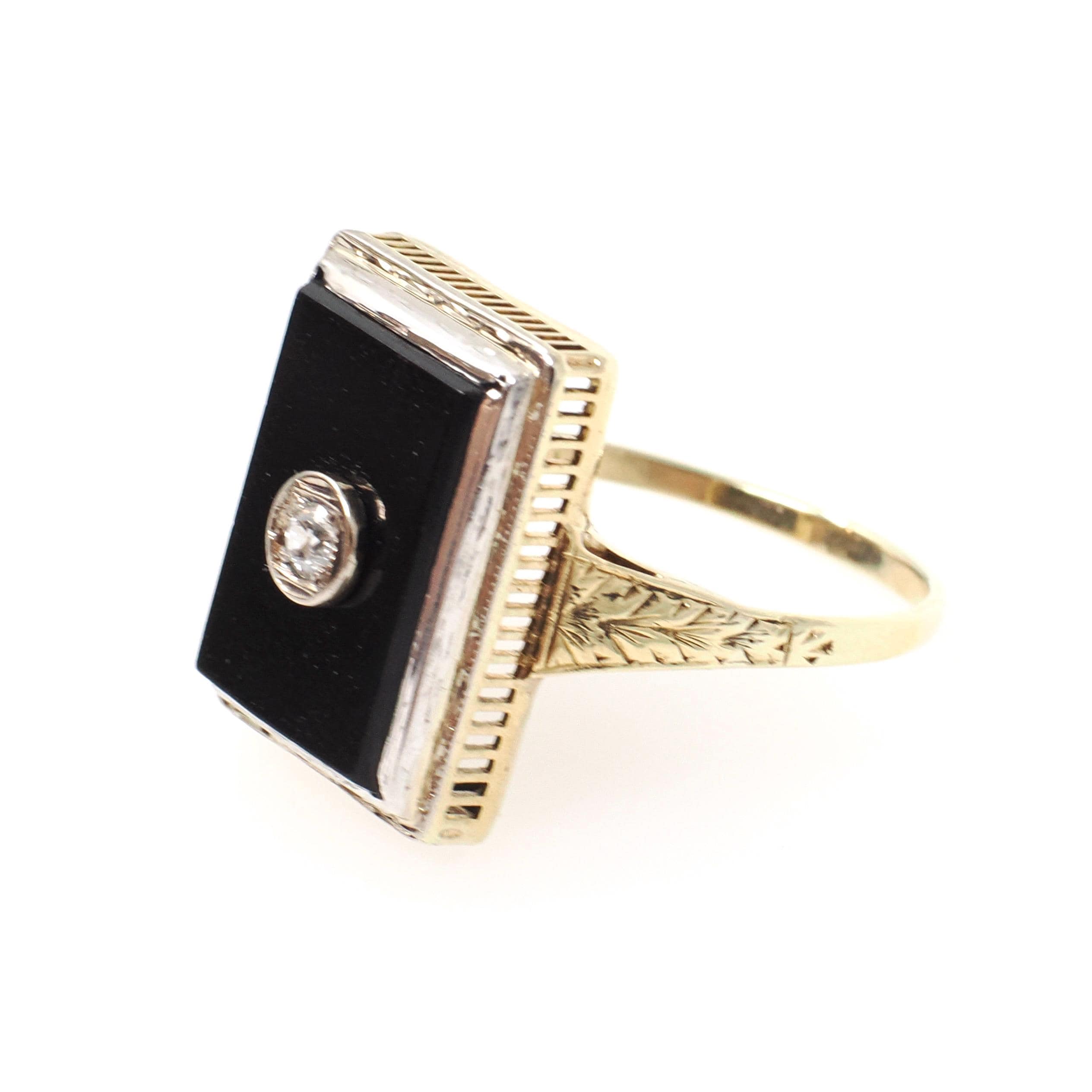 Vintage Onyx Ring - Art Deco 14k Yellow Gold Natural Black Chalcedony Gem - Circa 1930s Era Size 6 1/4 Diamond .05 CT Filigree Fine Jewelry