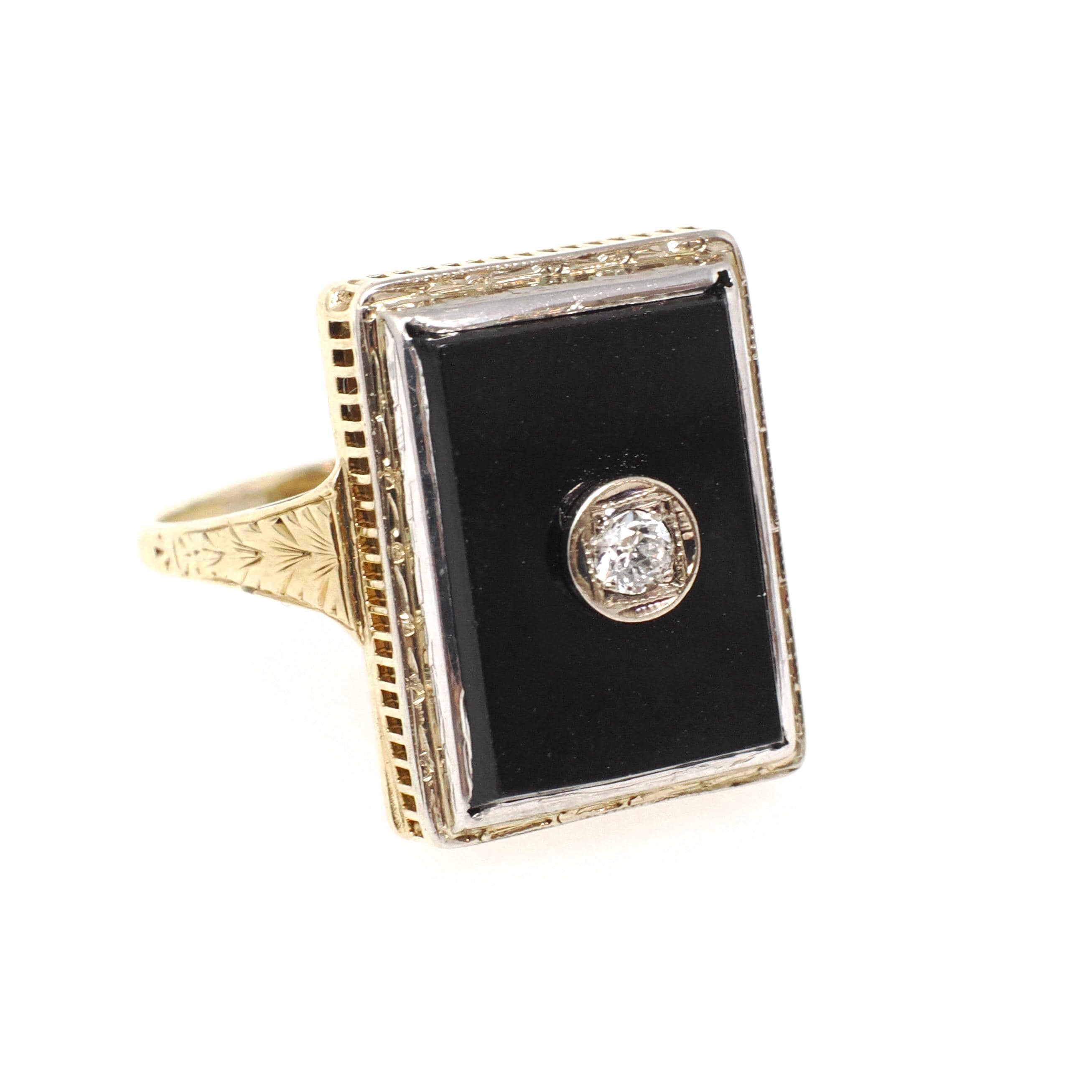 Vintage Onyx Ring - Art Deco 14k Yellow Gold Natural Black Chalcedony Gem - Circa 1930s Era Size 6 1/4 Diamond .05 CT Filigree Fine Jewelry