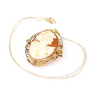 Vintage Cameo Necklace - Retro 10k Yellow Gold Carved Shell Woman Flower Brooch Pendant - Circa 1940s Era Fashion Accessory Fine Jewelry