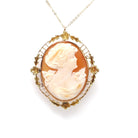 Vintage Cameo Necklace - Retro 10k Yellow Gold Carved Shell Woman Flower Brooch Pendant - Circa 1940s Era Fashion Accessory Fine Jewelry