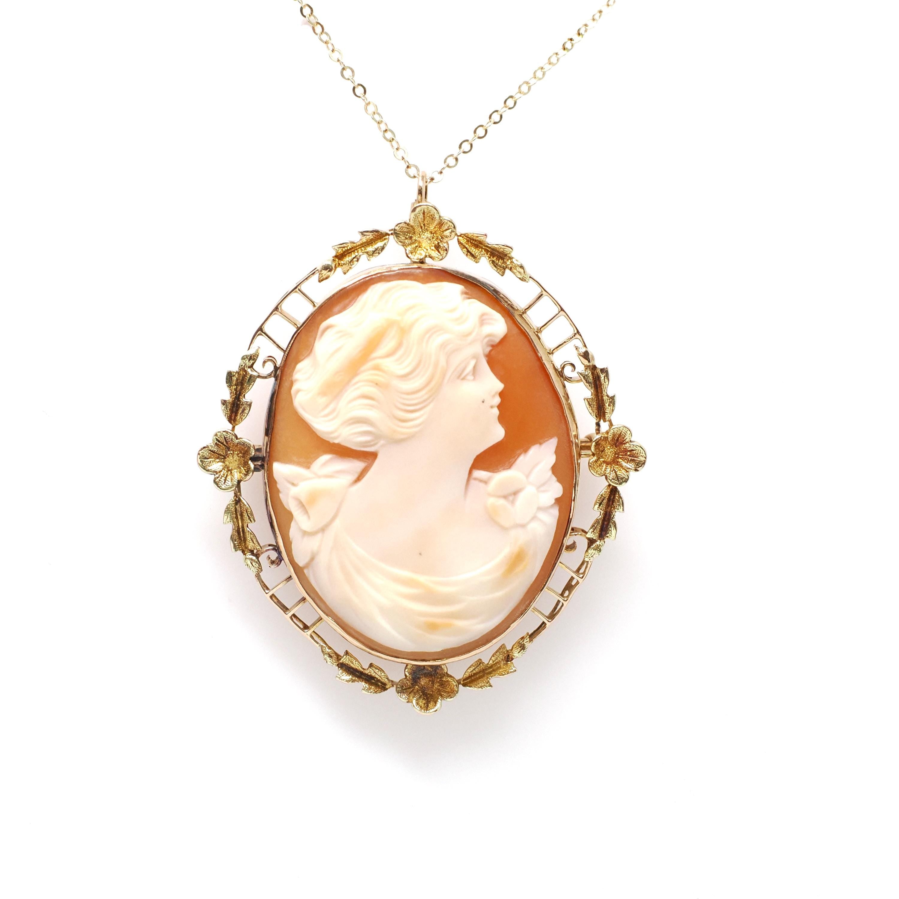 Vintage Cameo Necklace - Retro 10k Yellow Gold Carved Shell Woman Flower Brooch Pendant - Circa 1940s Era Fashion Accessory Fine Jewelry
