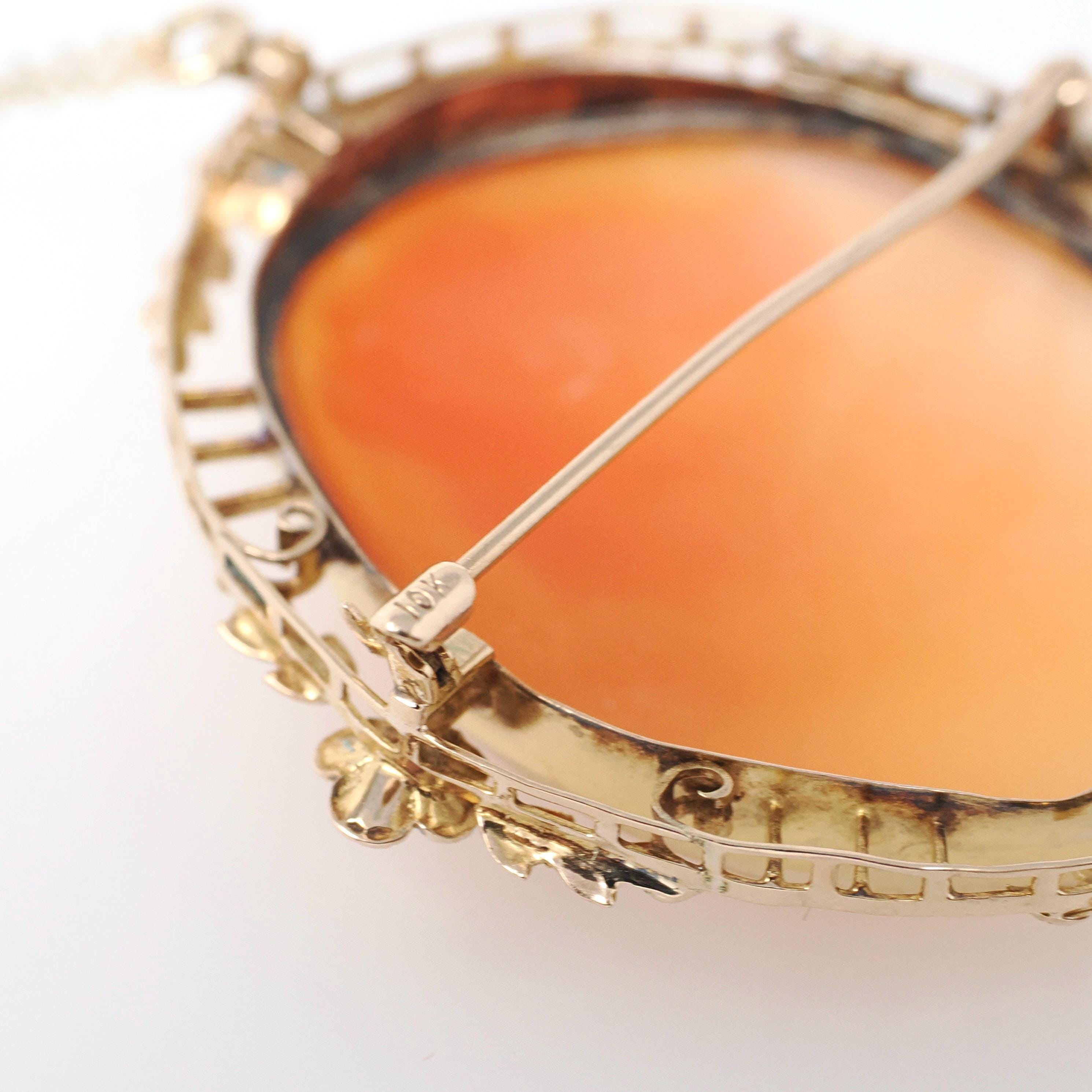 Vintage Cameo Necklace - Retro 10k Yellow Gold Carved Shell Woman Flower Brooch Pendant - Circa 1940s Era Fashion Accessory Fine Jewelry