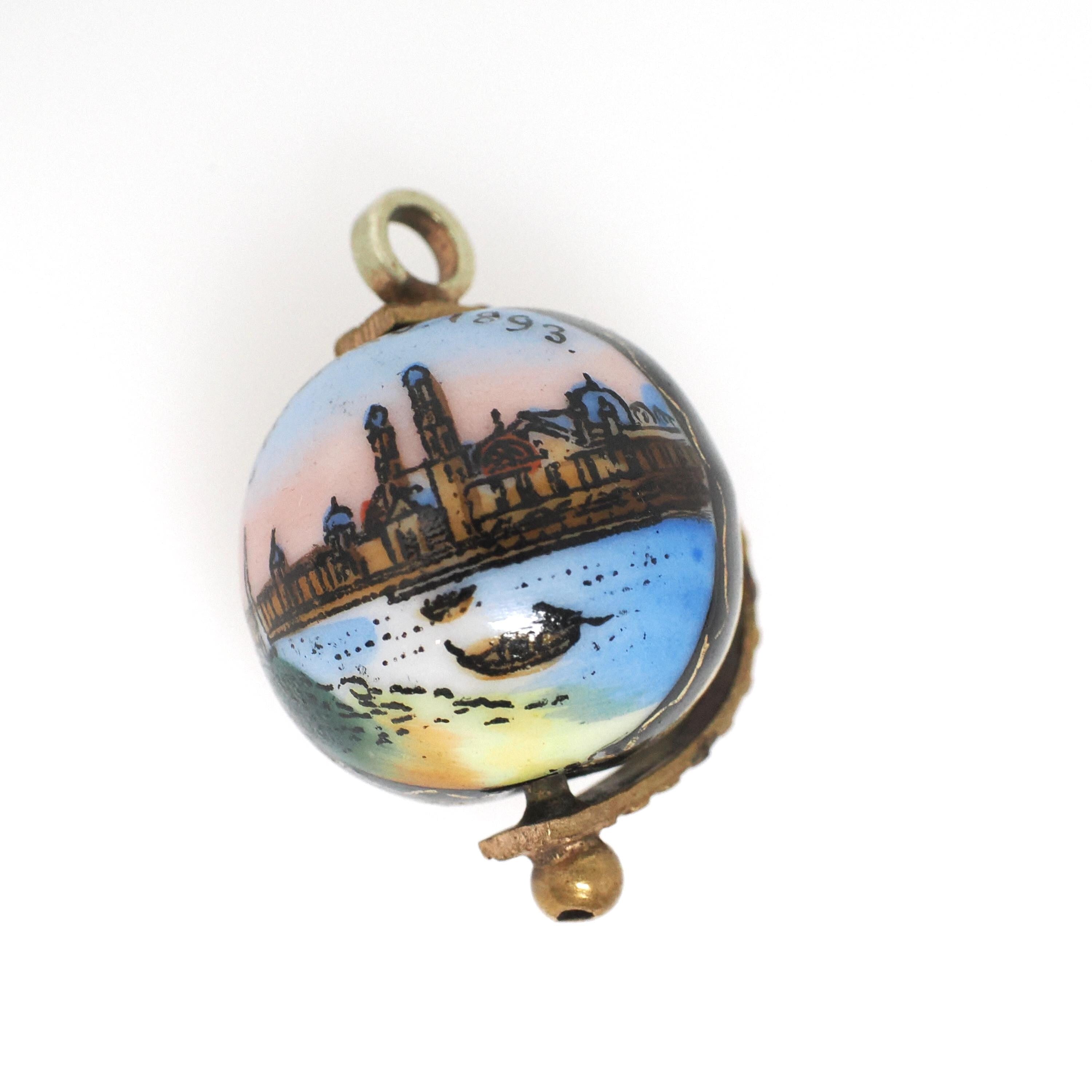 Antique Globe Charm - Victorian Brass Costume Painted Globe Spinner Charm Pendant - Circa 1893 Chicago World's Fair Souvenir Travel Jewelry