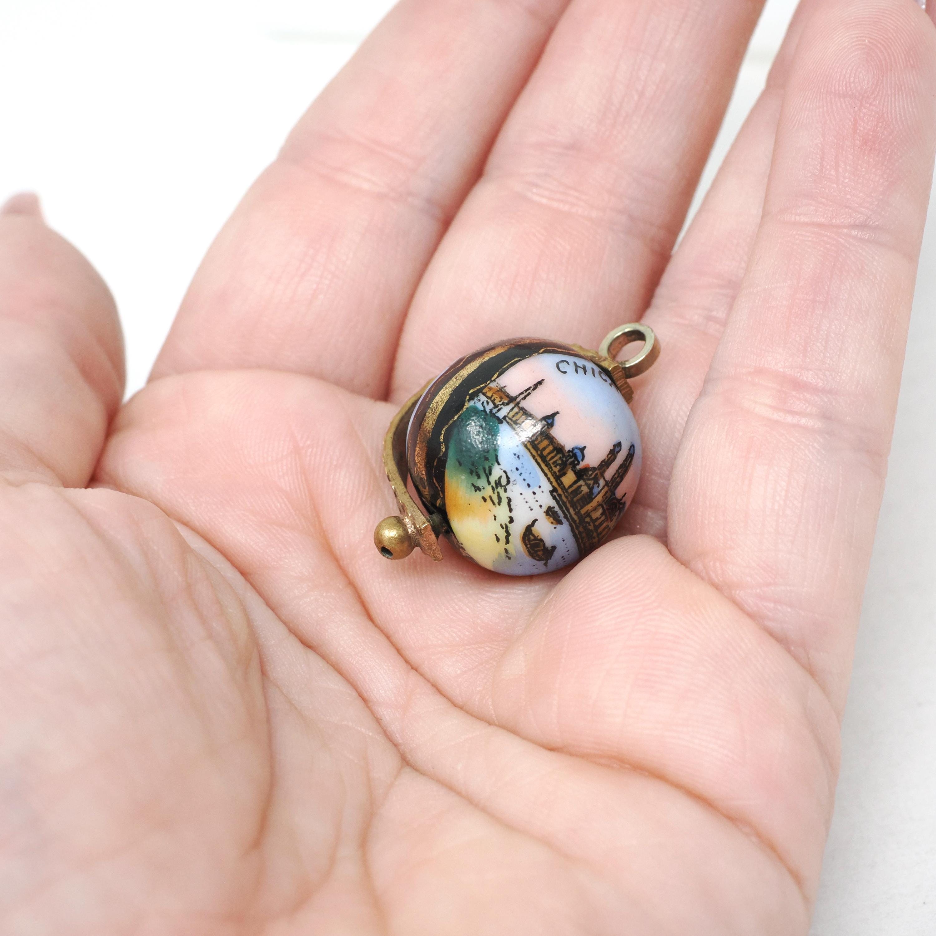 Antique Globe Charm - Victorian Brass Costume Painted Globe Spinner Charm Pendant - Circa 1893 Chicago World's Fair Souvenir Travel Jewelry