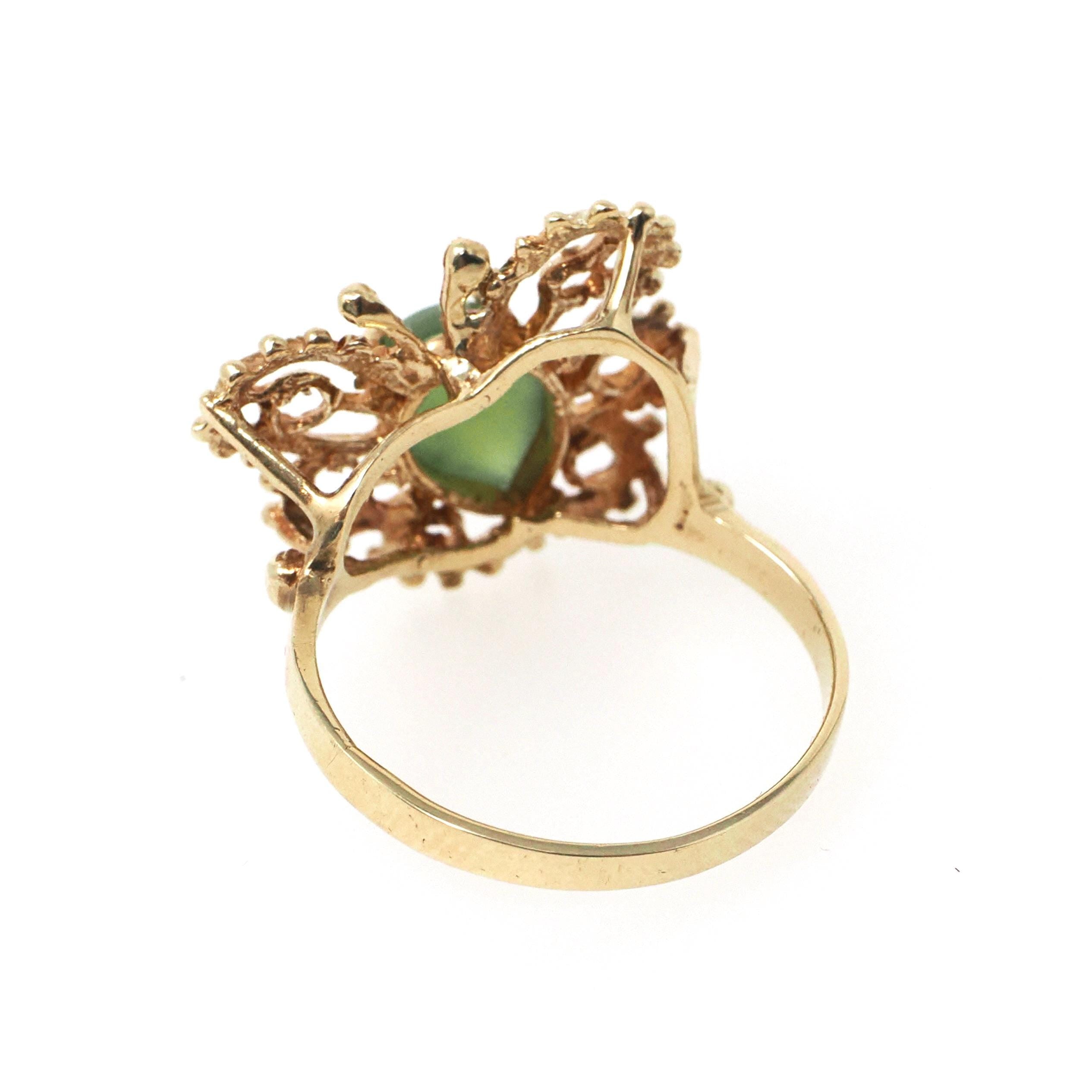 Vintage Butterfly Ring - Retro 10k Yellow Gold Natural Nephrite Jade Gemstone - Circa 1970s Era Size 5 3/4 Statement Figural Bug Jewelry