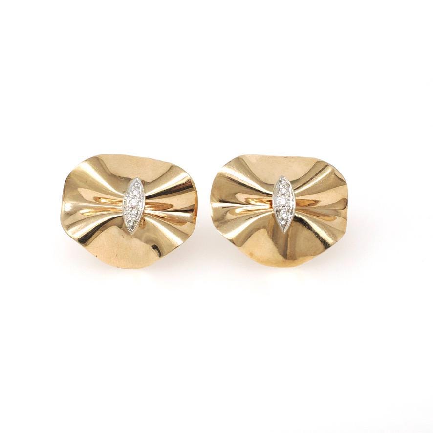 Retro Ribbon Earrings - Retro 14k Yellow & White Gold .06 CTW Natural Diamonds - Circa 1940s Era Statement Folded Disc Design Fine Jewelry